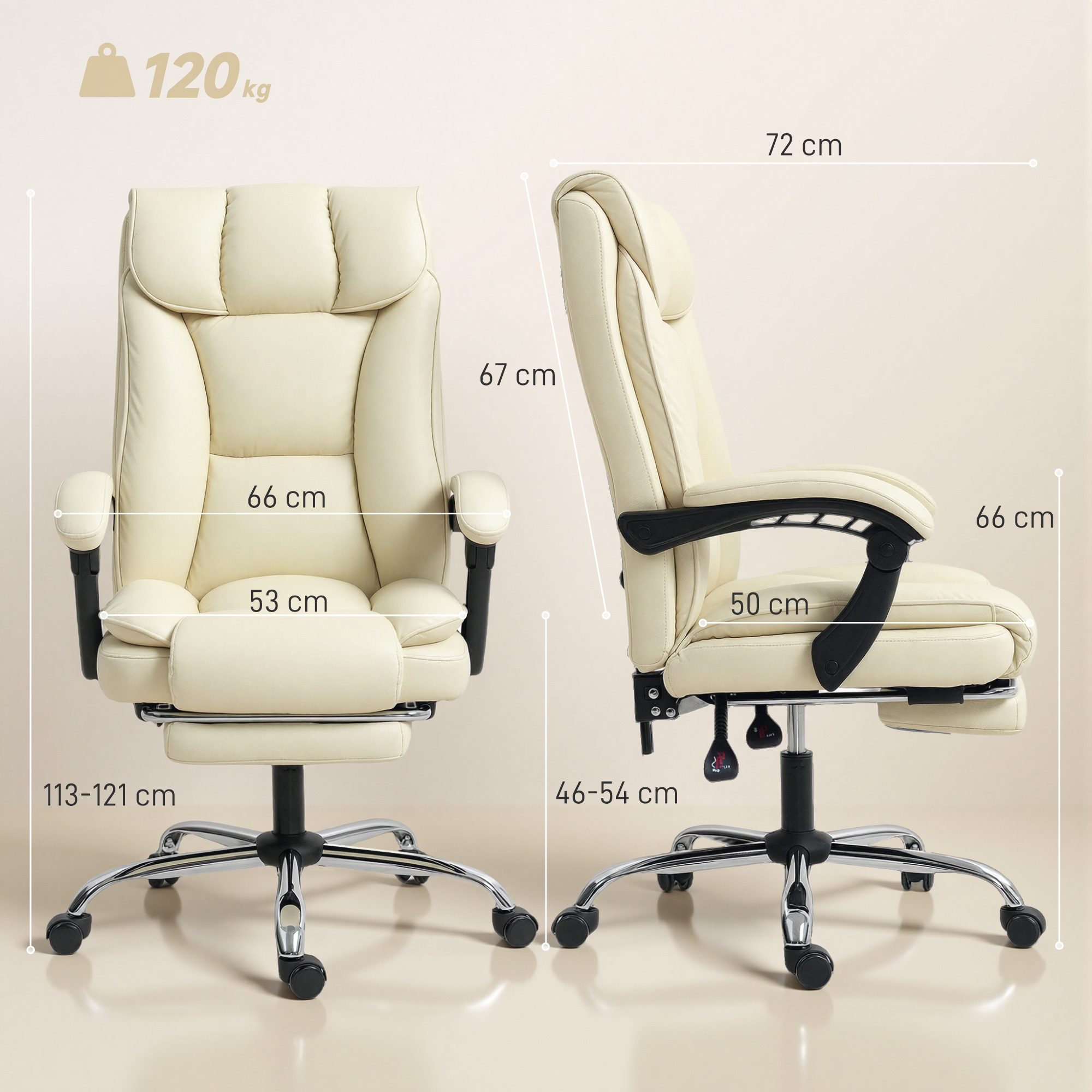 Ergonomisks biroja krēsls ar kāju balstu, mākslīgā āda, bēšs+melns, 120 kg - Image 3
