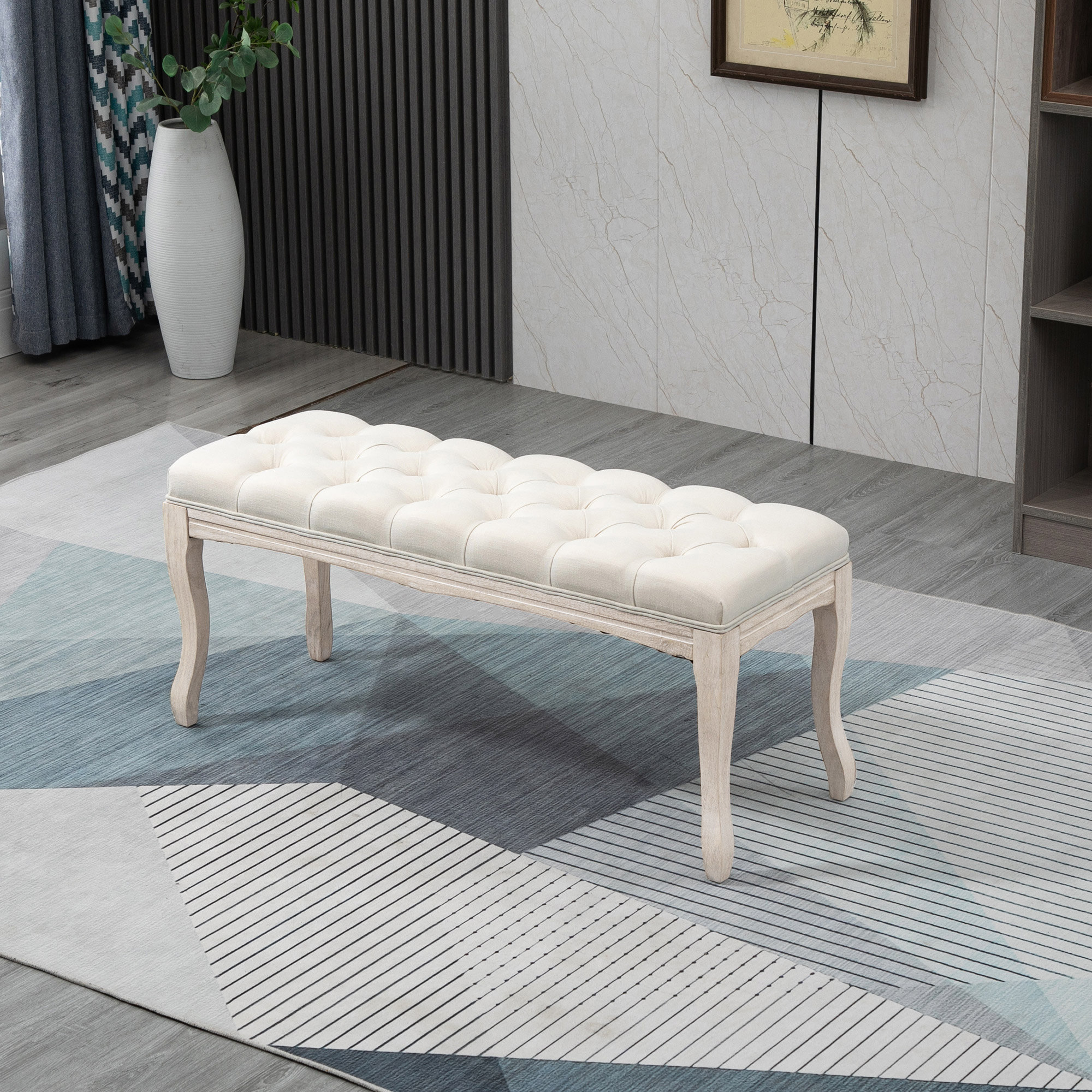 Polsterēts sols ar linu pārklājumu un koka rāmi, bēšs, 110 x 40 x 48 cm - Image 8