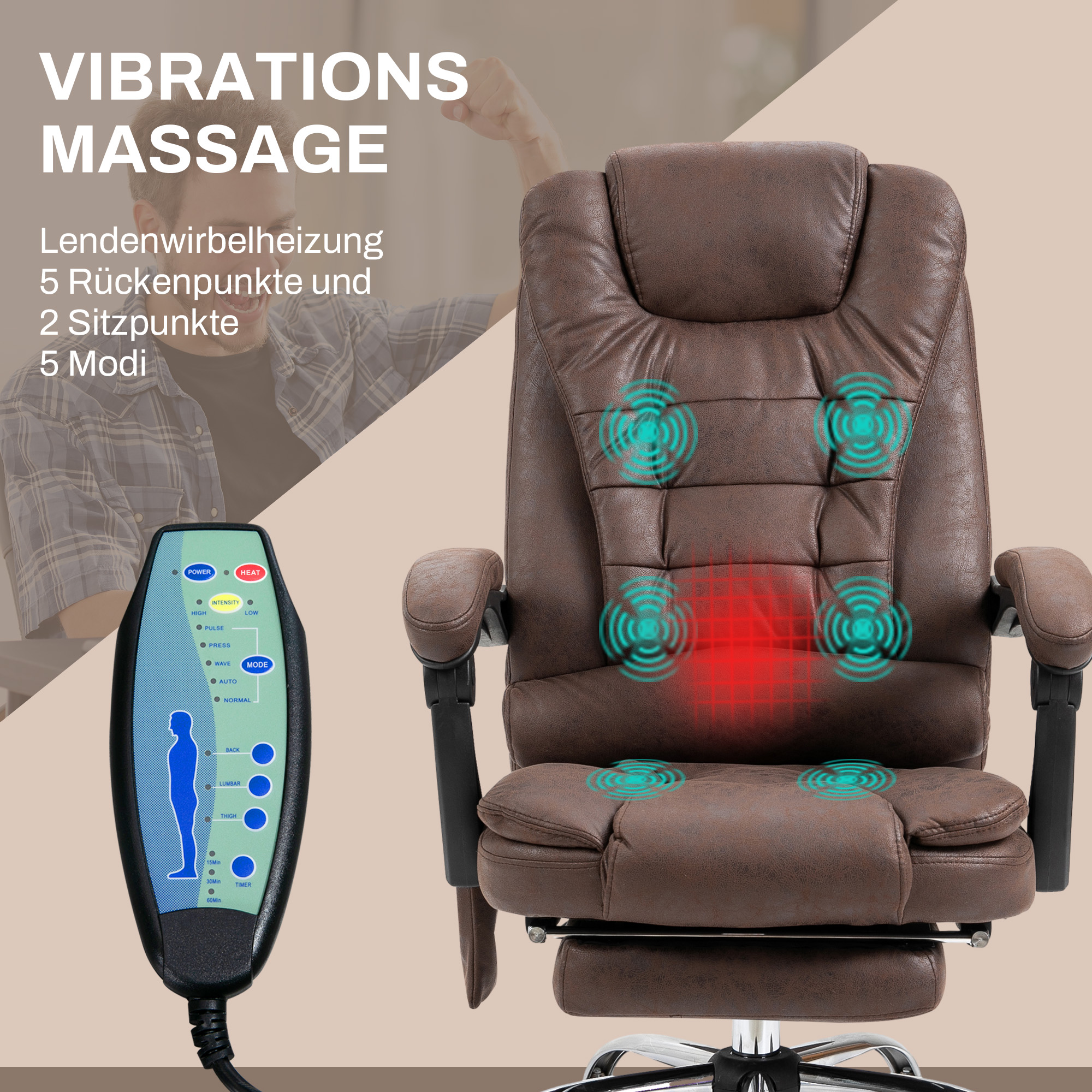 Masažinė biuro kėdė su gulėjimo ir šildymo funkcija, sukinėjama, ergonomiška, ruda, iki 120 kg - Image 4