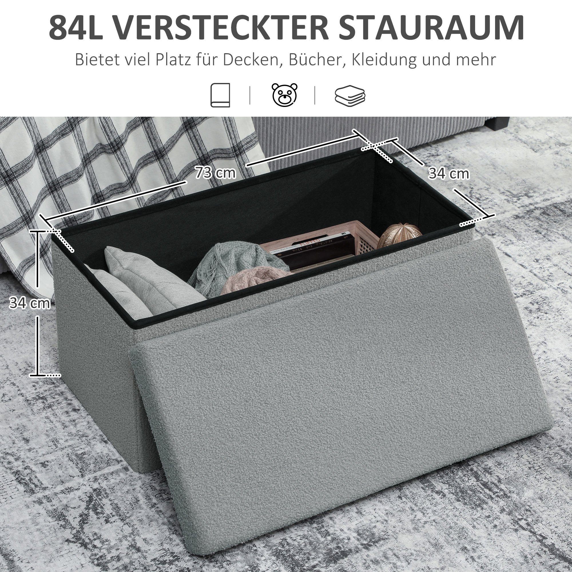 Säilytysrahi kannella, pehmustettu säilytyspenkki, tummanharmaa, 76 x 38 x 38 cm - Image 4