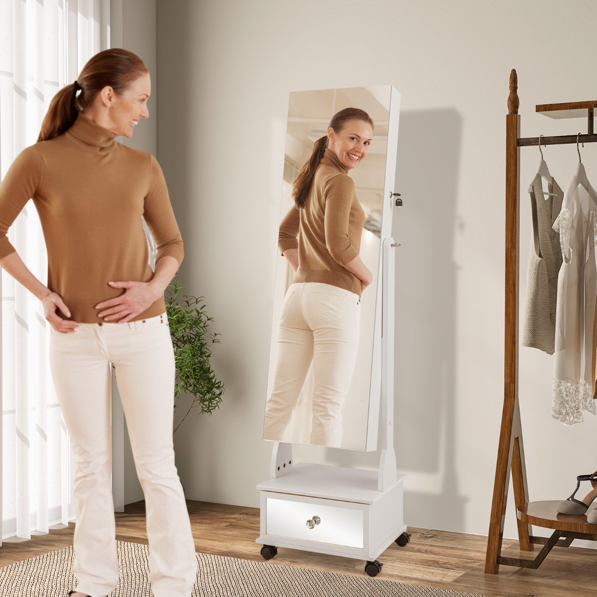 47" lukittava korukaappi LED-valoilla valkoinen
