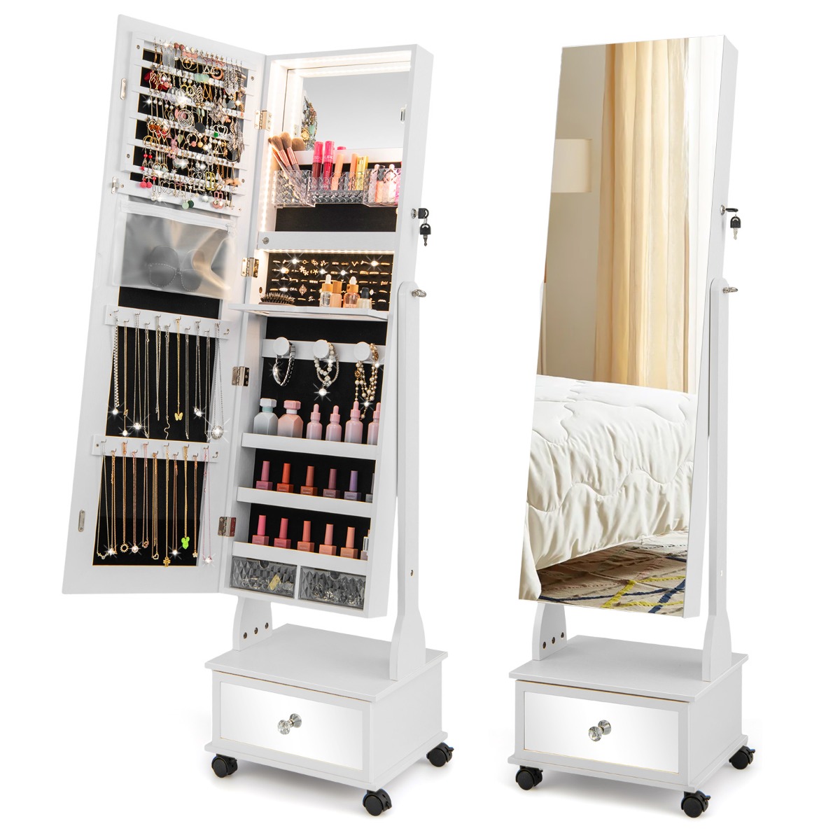 47" lukittava korukaappi LED-valoilla valkoinen - Image 2
