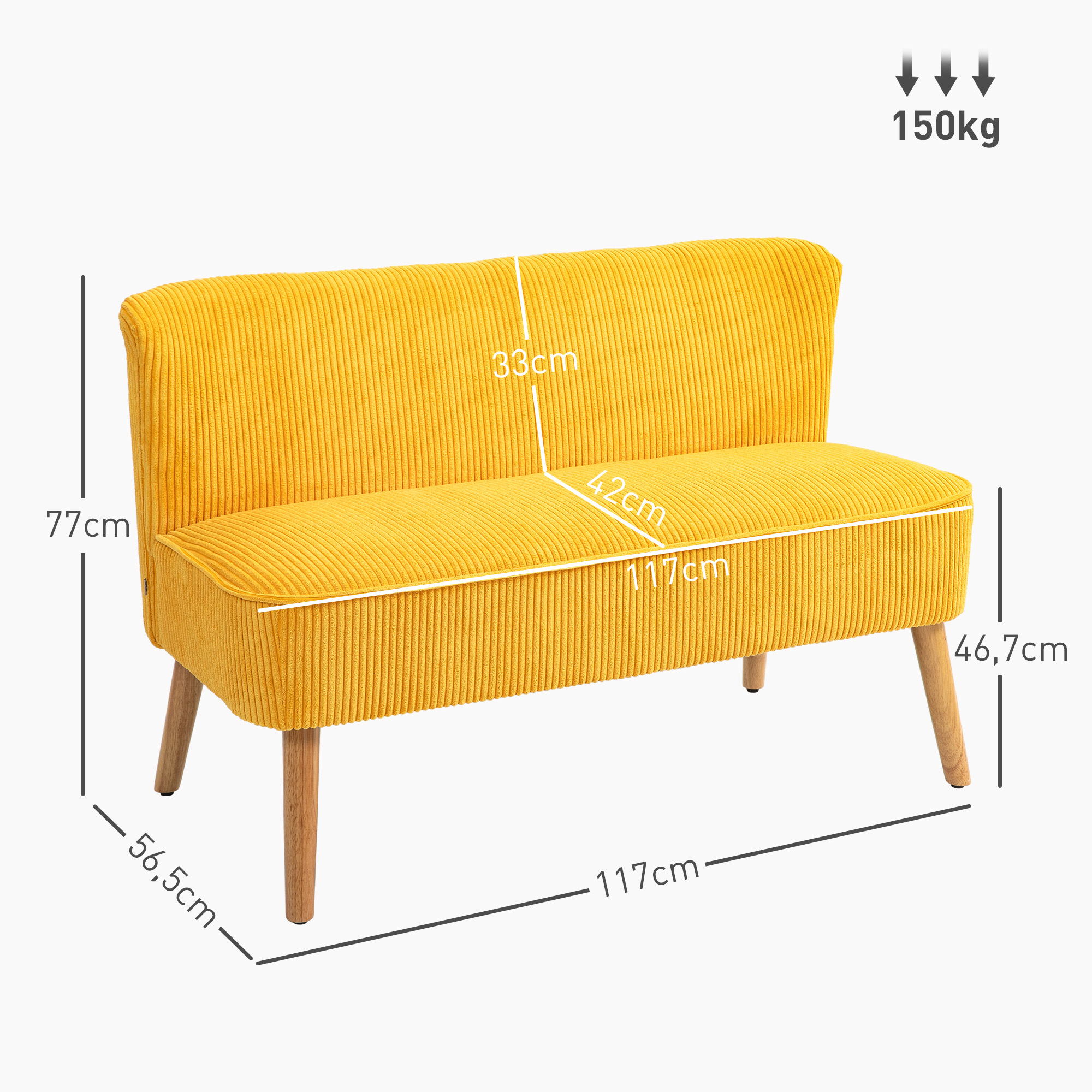 2-istuttava sohva, elegantti skandinaavinen tyyli, massiivipuinen runko, keltainen, 117 x 56,5 x 77 cm - Image 3