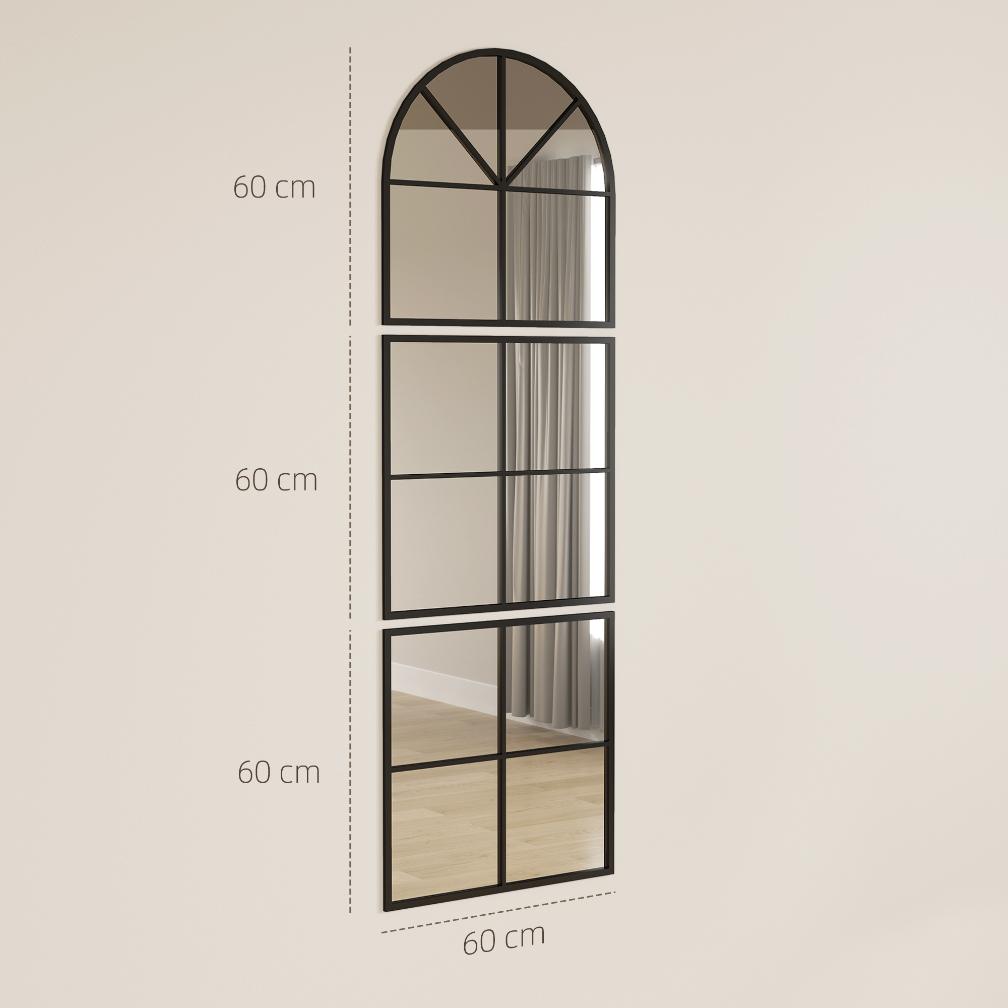 3 daļu sienas spogulis ar izliekta augšdaļa, metāla rāmis, melns, 60 x 2 x 180 cm - Image 3