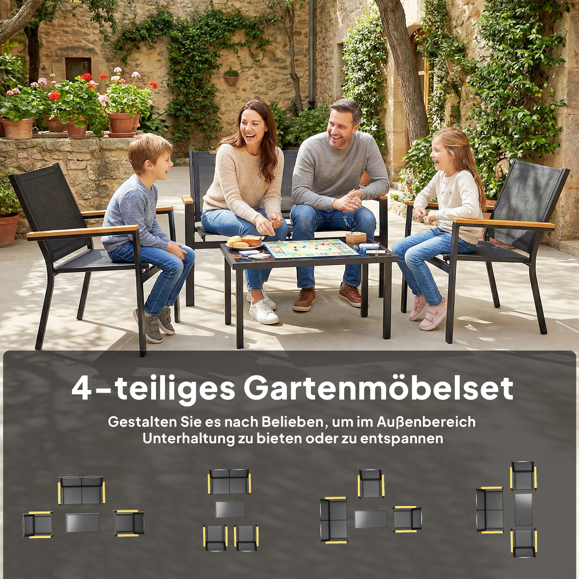 Dārza mēbeļu komplekts 4 personām, metāls, melns, 110 x 63,5 x 84 cm - Image 4