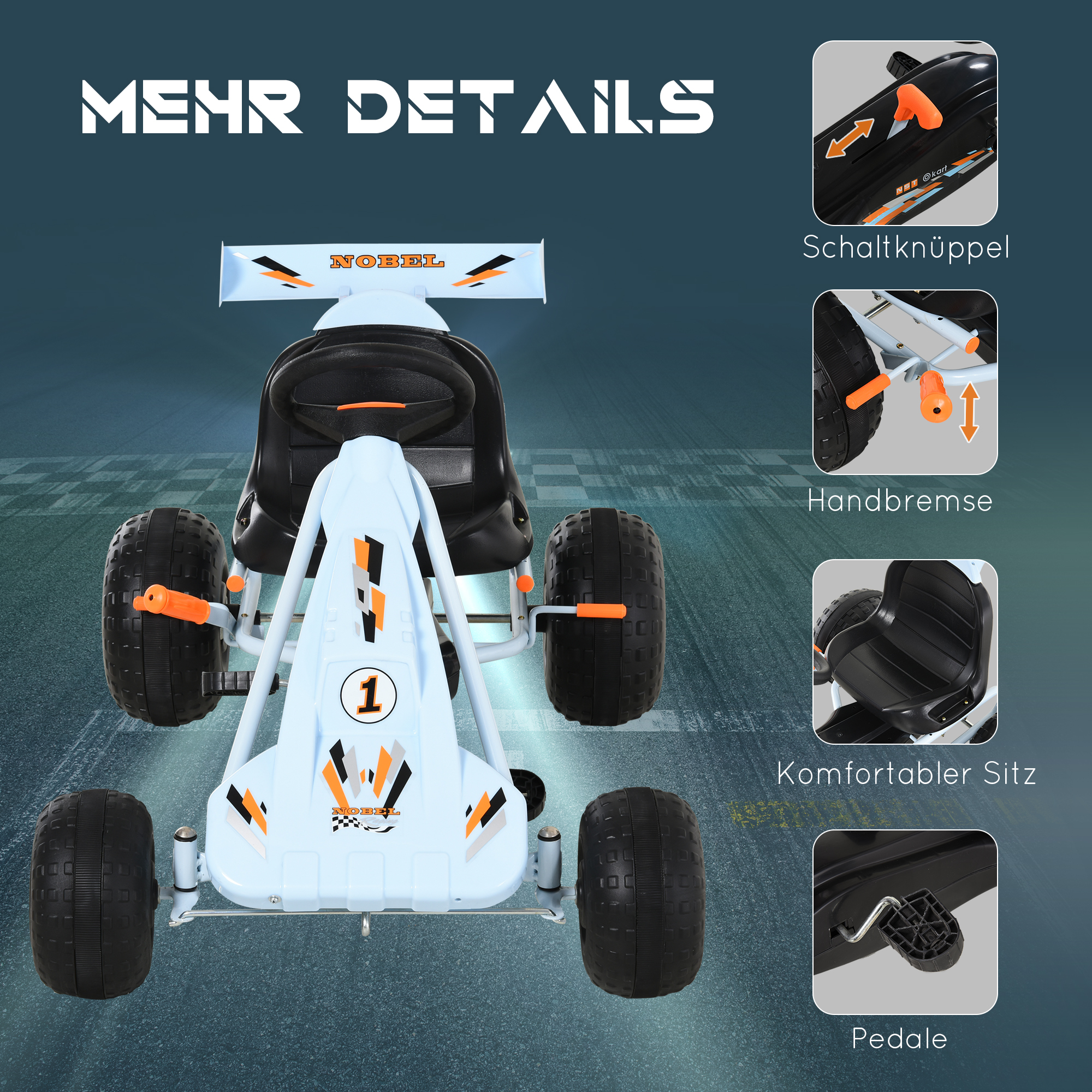 Pedāļu gokarts ar rokas bremzi, regulējamu sēdekli, gaiši zils, 97 x 66 x 59 cm - Image 5