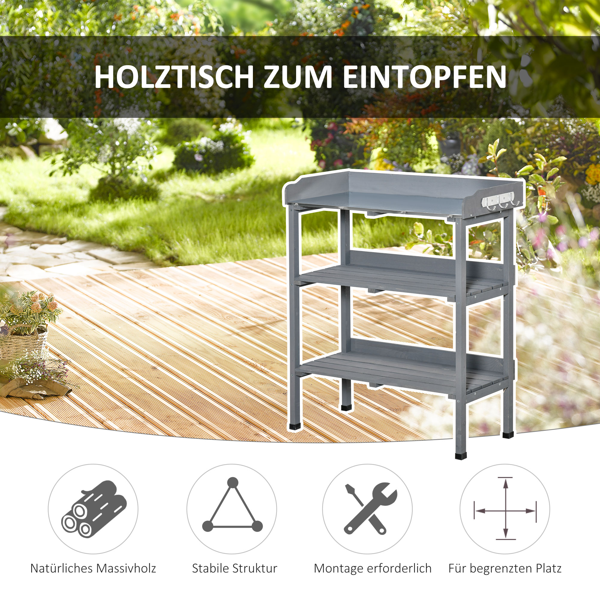 Pflanztisch Gärtnertisch kukkapöytä metallisella työtasolla, harmaa, 76 x 37 x 89 cm - Image 6