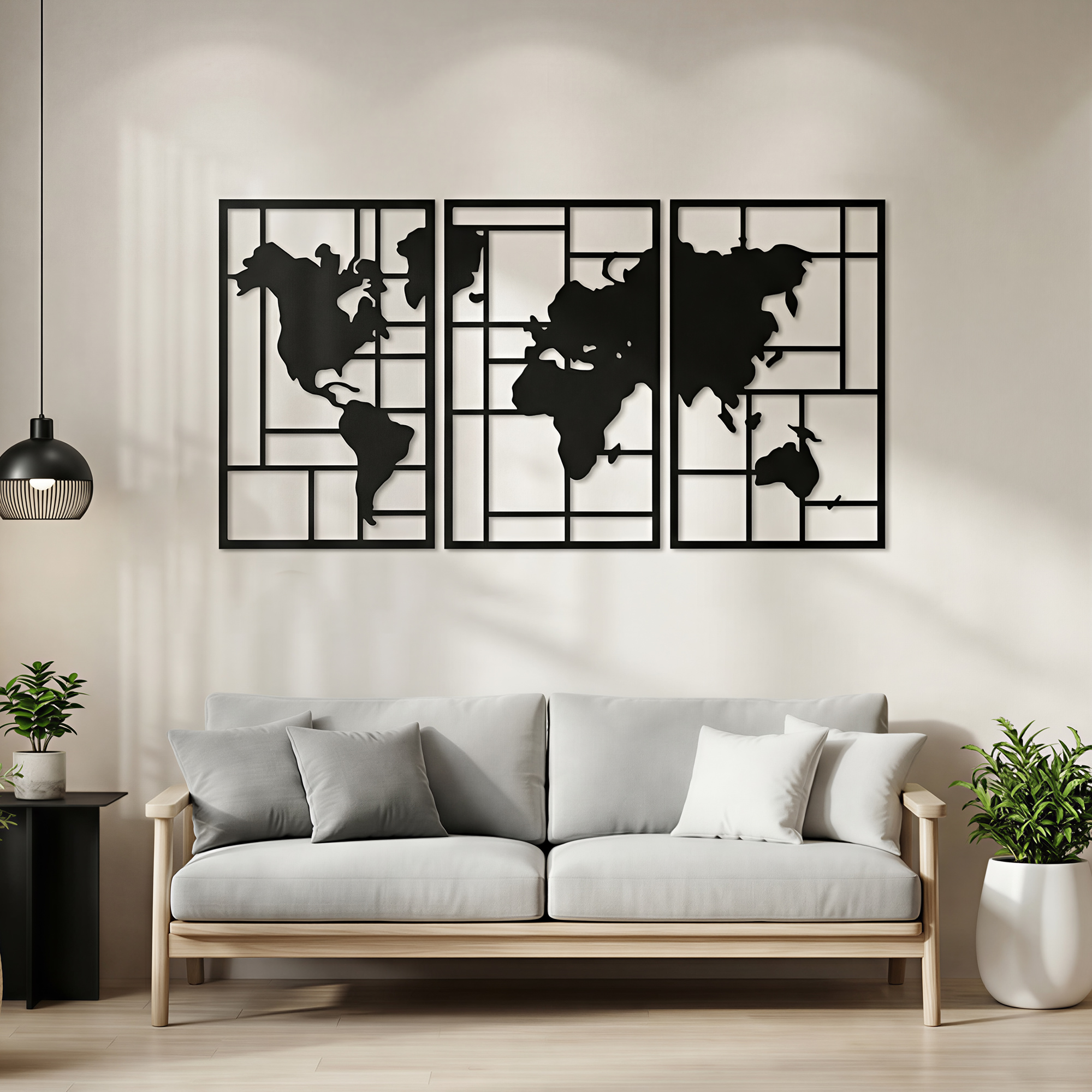 3-osainen metallinen seinäkoriste maailmankarttakuviolla, musta, 150 x 80 cm - Image 2