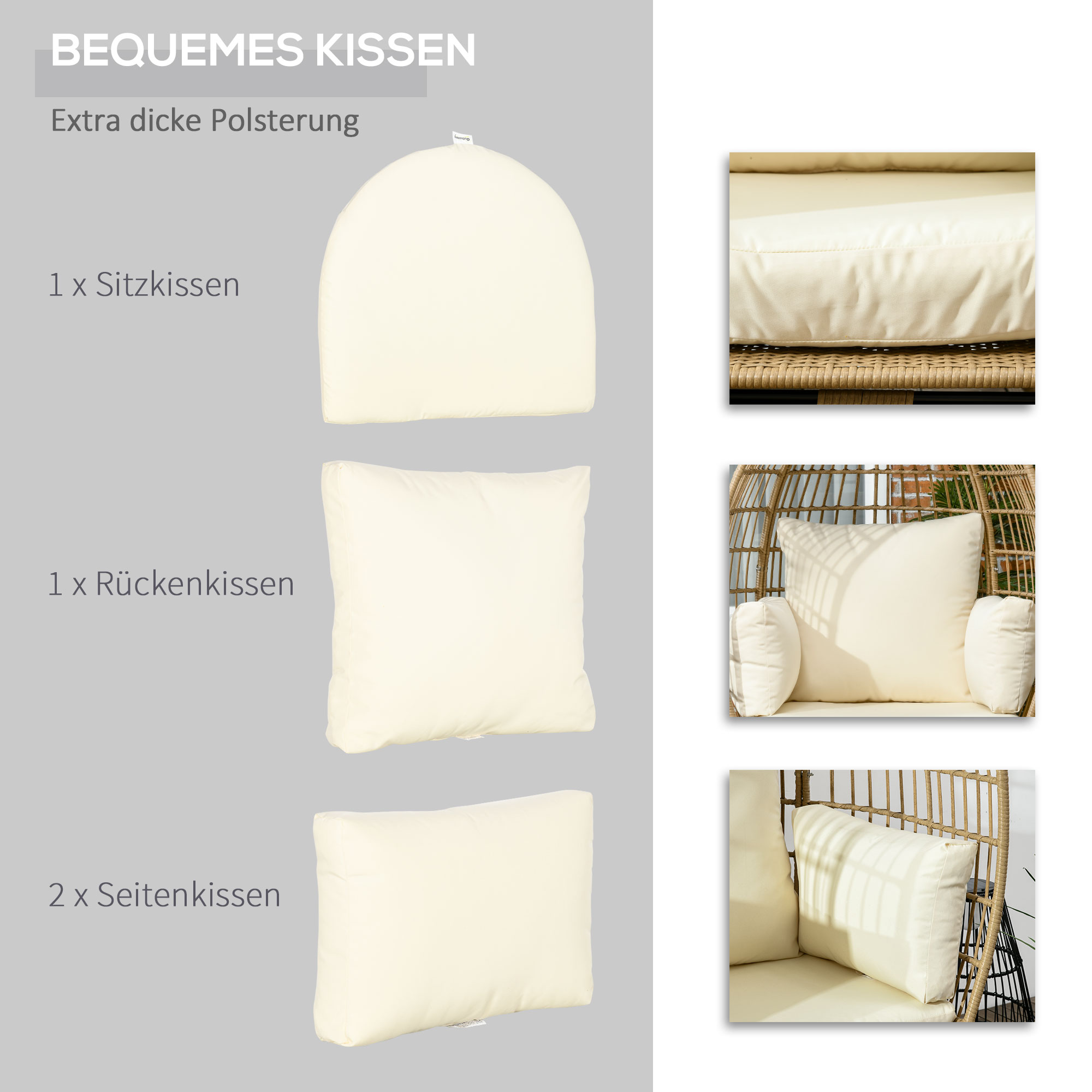 Kabantis kiaušinio formos krėslas iš ratano imitacijos, khaki ir beige, 105 x 90 x 148 cm - Image 6