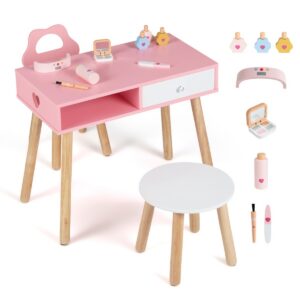 Laste mänguküünte salongi komplekt tooli ja pinkidega, puidust meigi- ja maniküürikomplekt, roosa