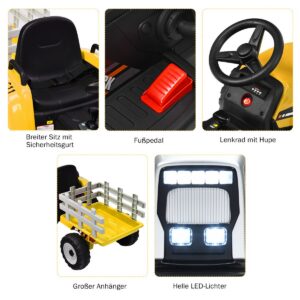12 V laste traktor haagisega, akutoitega elektriauto, kollane, 136,5 × 50 × 52,5 cm