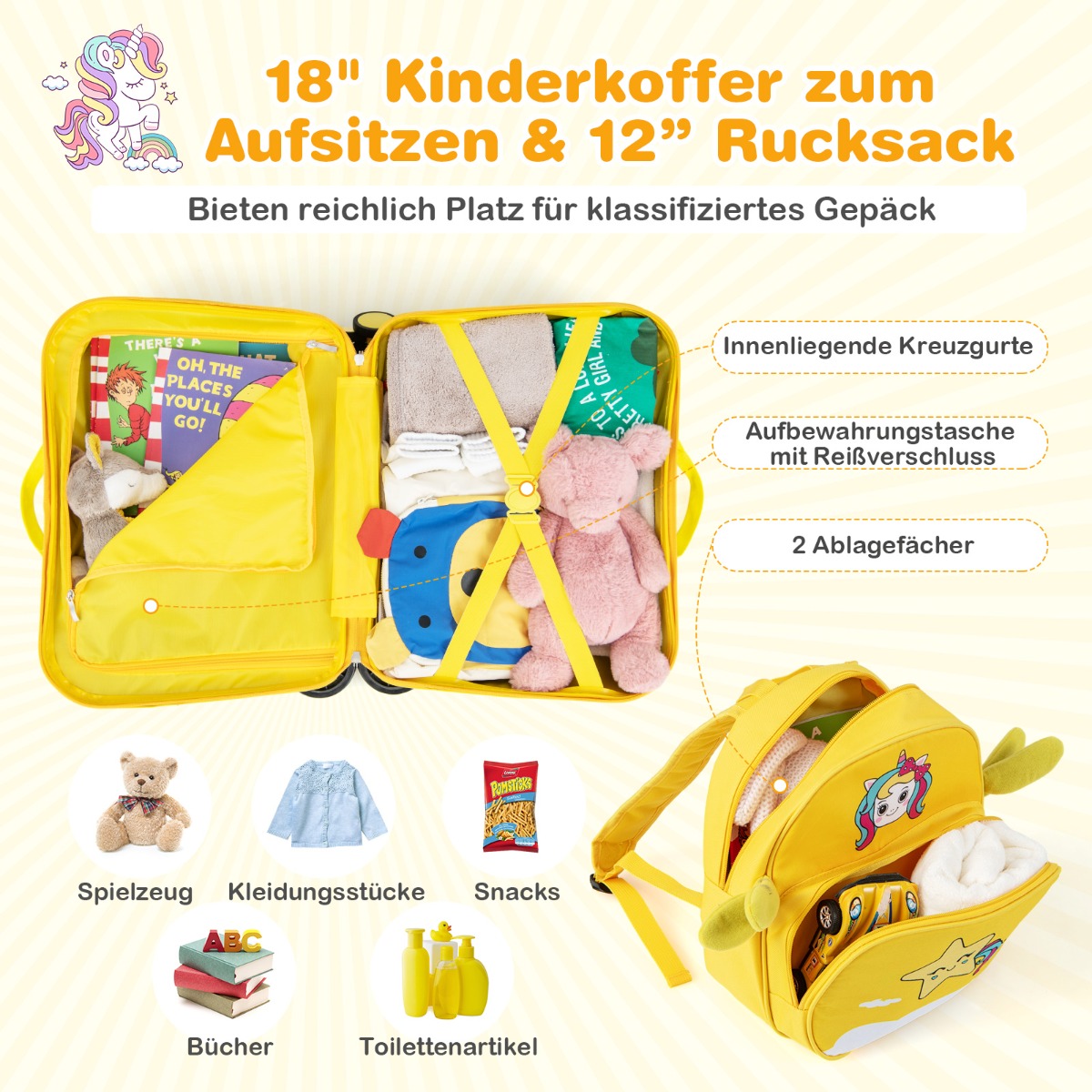 Bērnu 2 daļu koferu komplekts ar riteņiem, dzeltens - Image 4