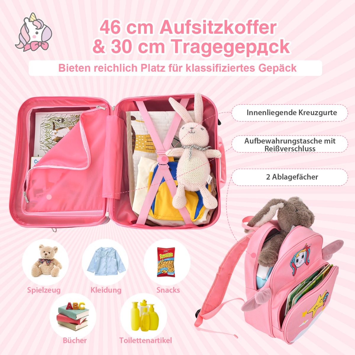 Bērnu 2 daļu 18" ratiņkoferu komplekts, rozā - Image 6
