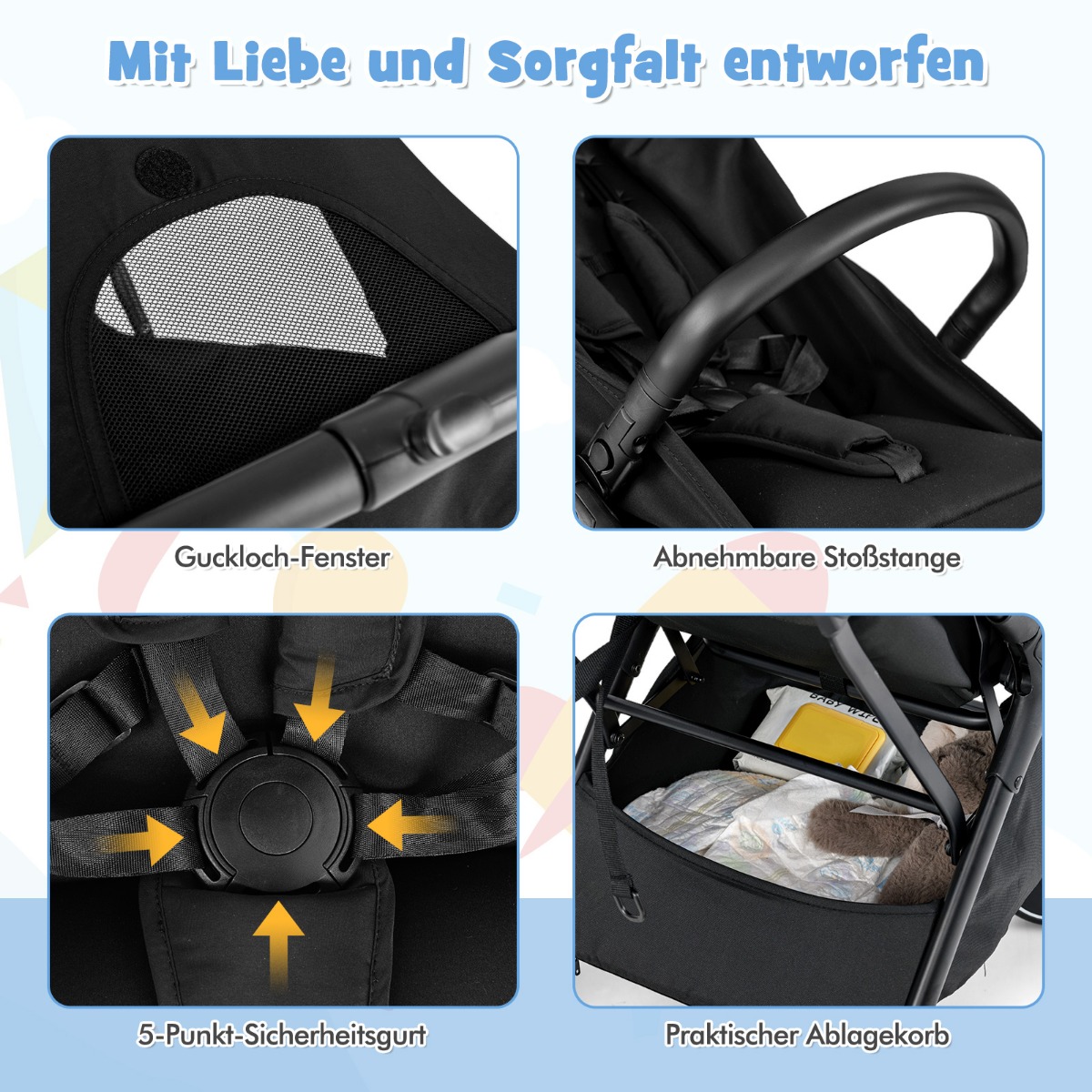 Erittäin kompakti lastenrattaat alumiinirungolla musta - Image 3