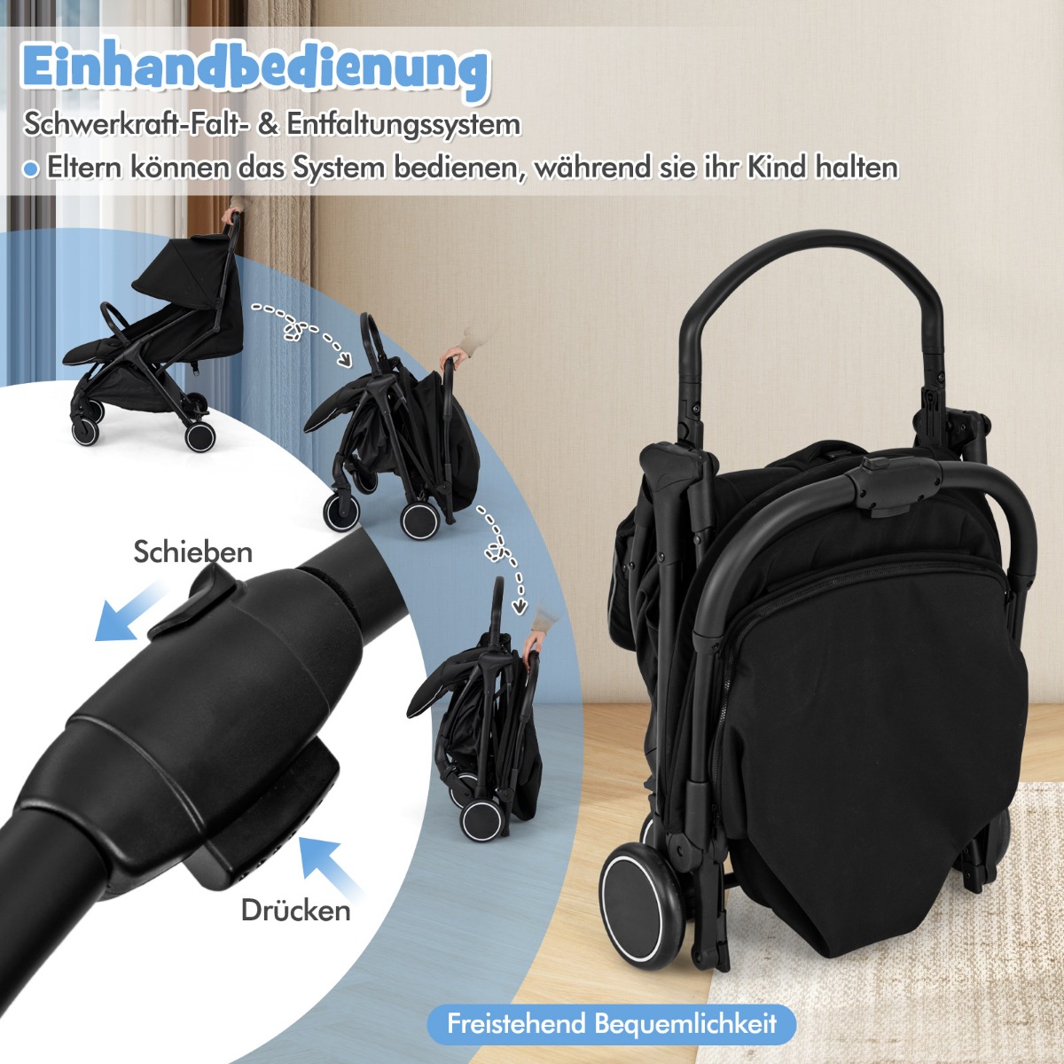 Erittäin kompakti lastenrattaat alumiinirungolla musta - Image 2