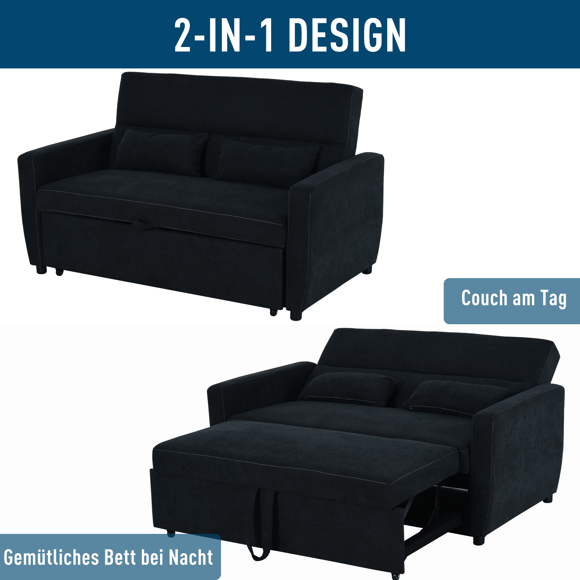 2 vietų sofa-lova su reguliuojamu atlošu, juoda, 155 x 90 x 88,5 cm - Image 7