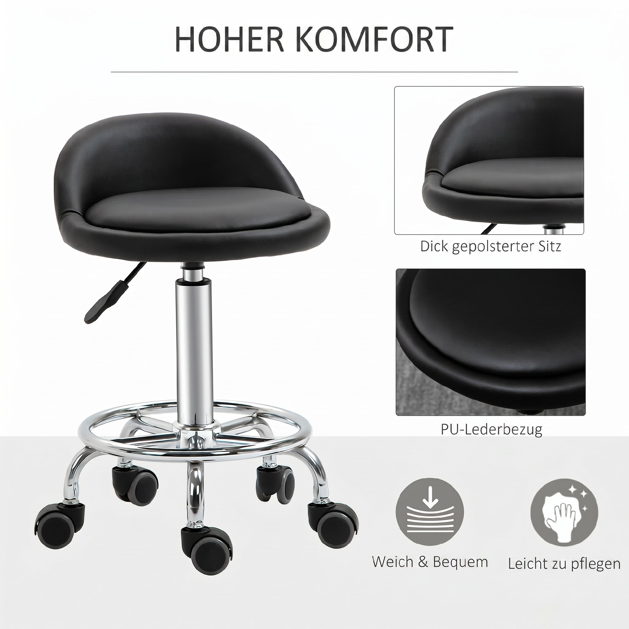2 tk ratastel taburet seljatoega, must, 57-72 cm - Image 4