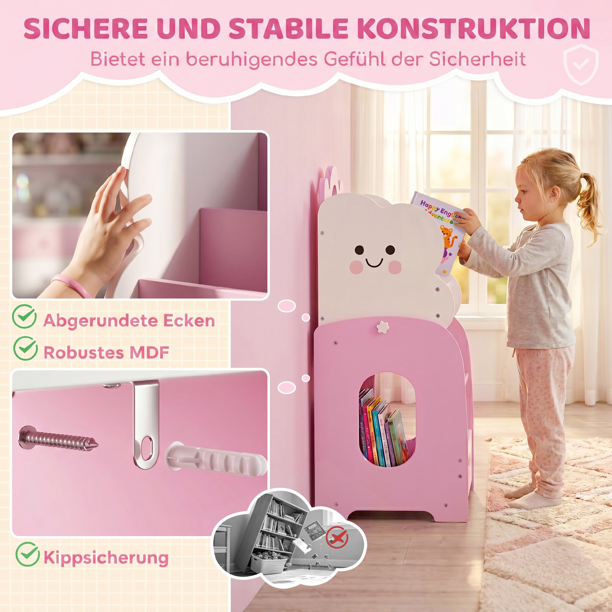 3-in-1 laste hoiuriiul, roosa ja valge, MDF, 85,5 x 32 x 72 cm