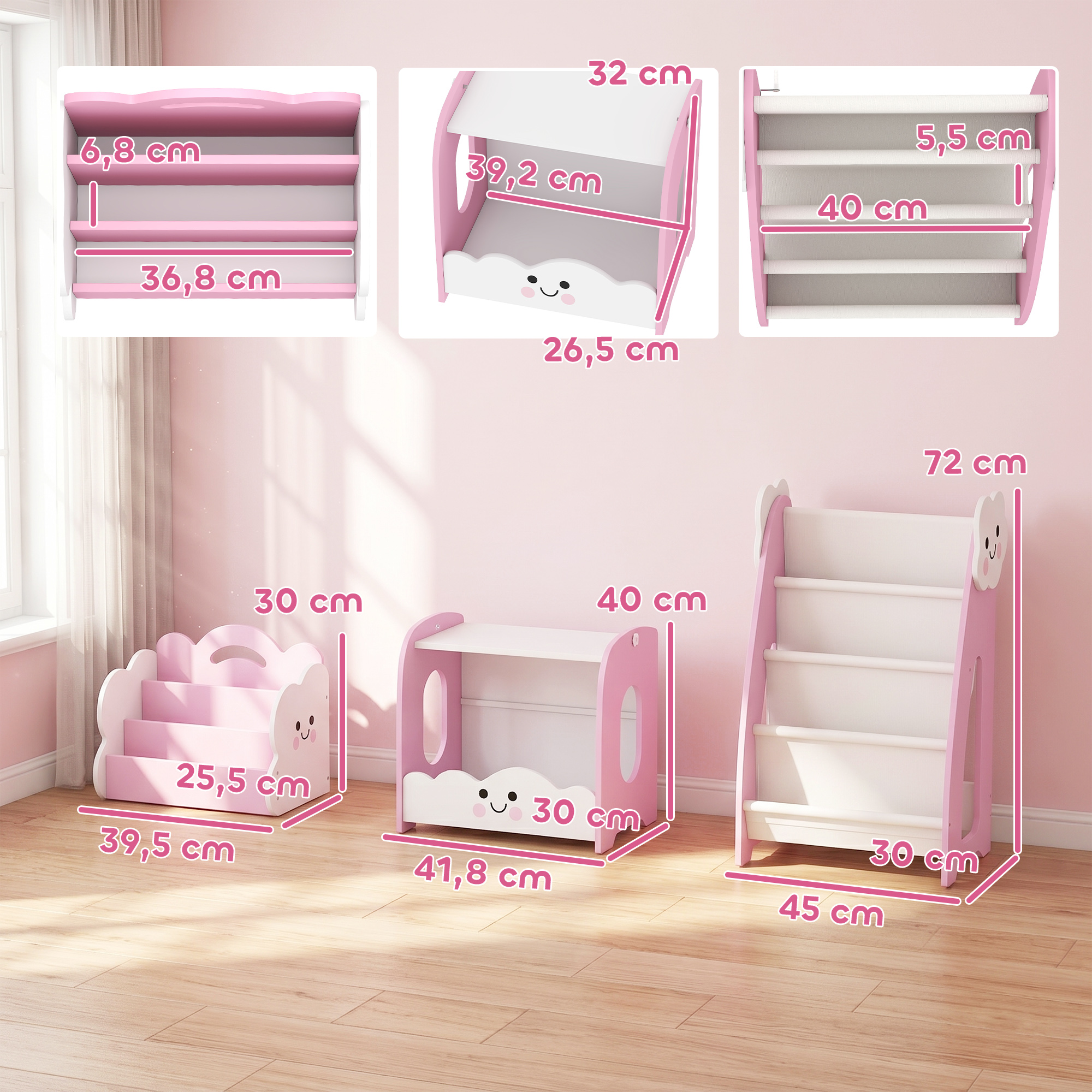 3-in-1 laste hoiuriiul, roosa ja valge, MDF, 85,5 x 32 x 72 cm