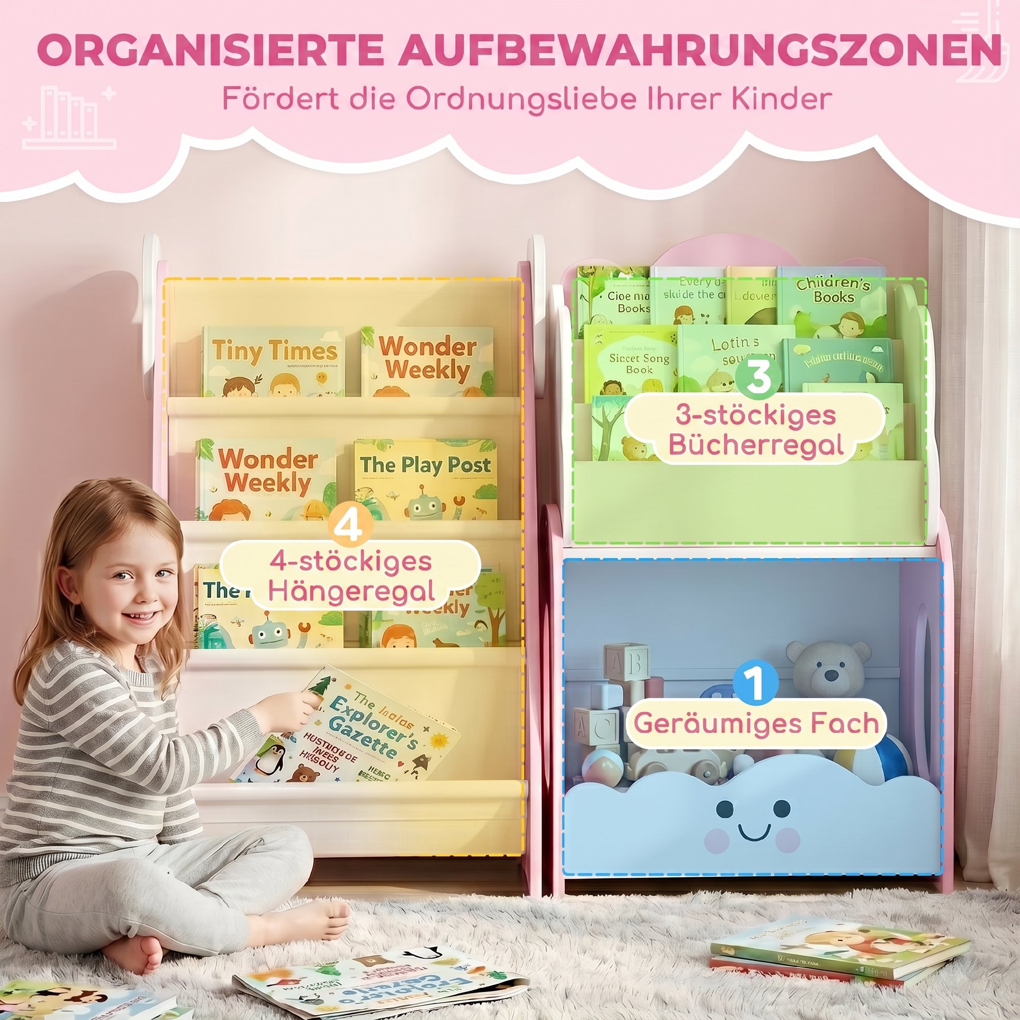 3-in-1 laste hoiuriiul, roosa ja valge, MDF, 85,5 x 32 x 72 cm