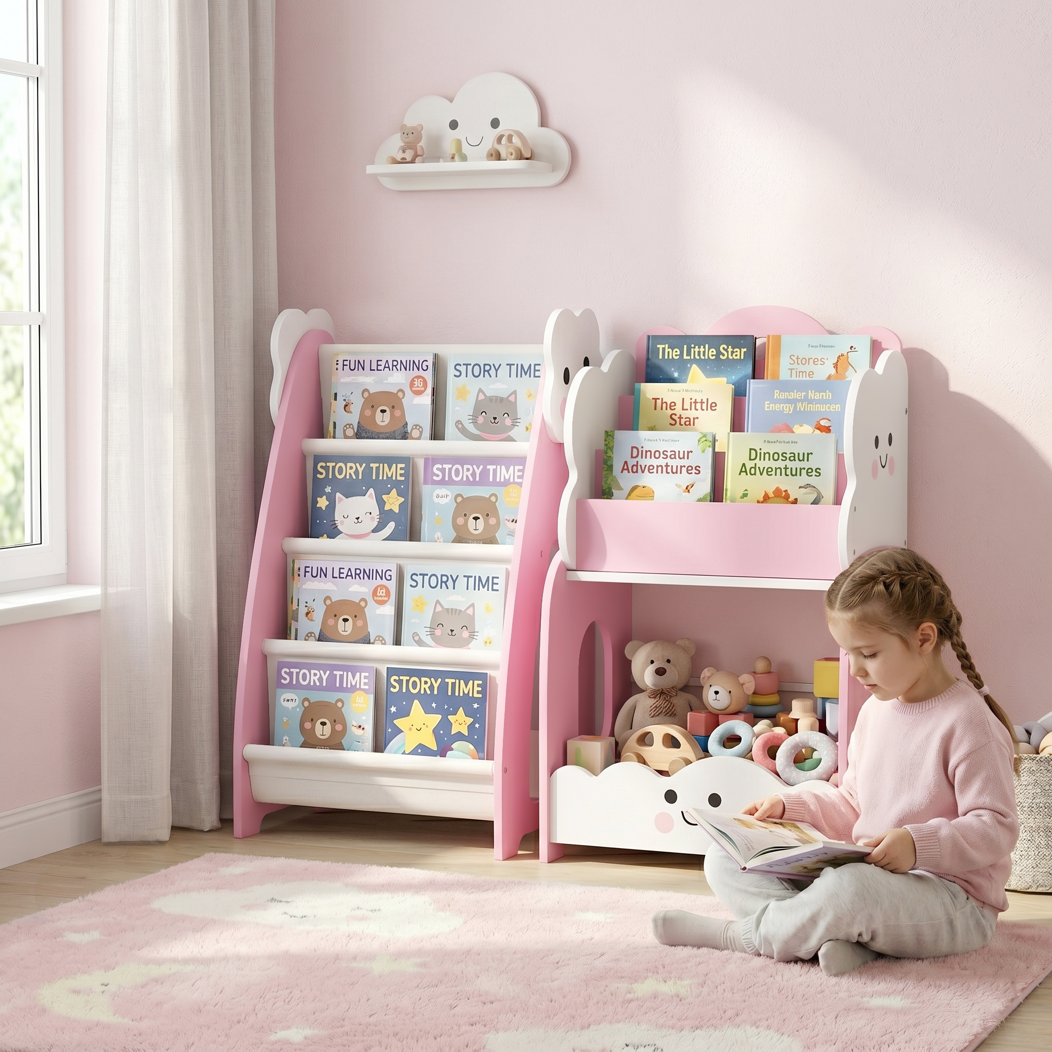 3-in-1 laste hoiuriiul, roosa ja valge, MDF, 85,5 x 32 x 72 cm