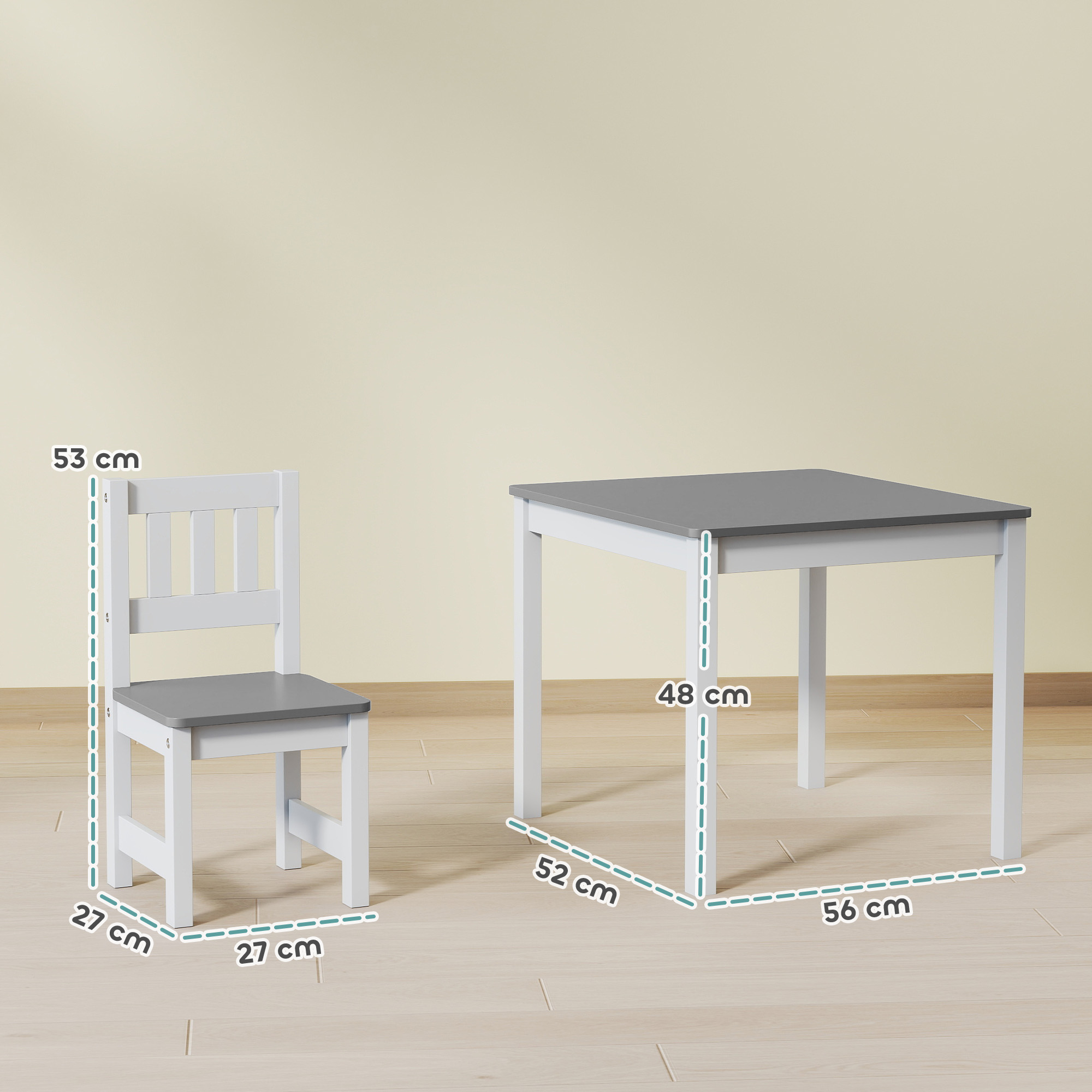 Laste laud 2 tooliga, 3-osaline komplekt, hall, 56 x 52 x 48 cm