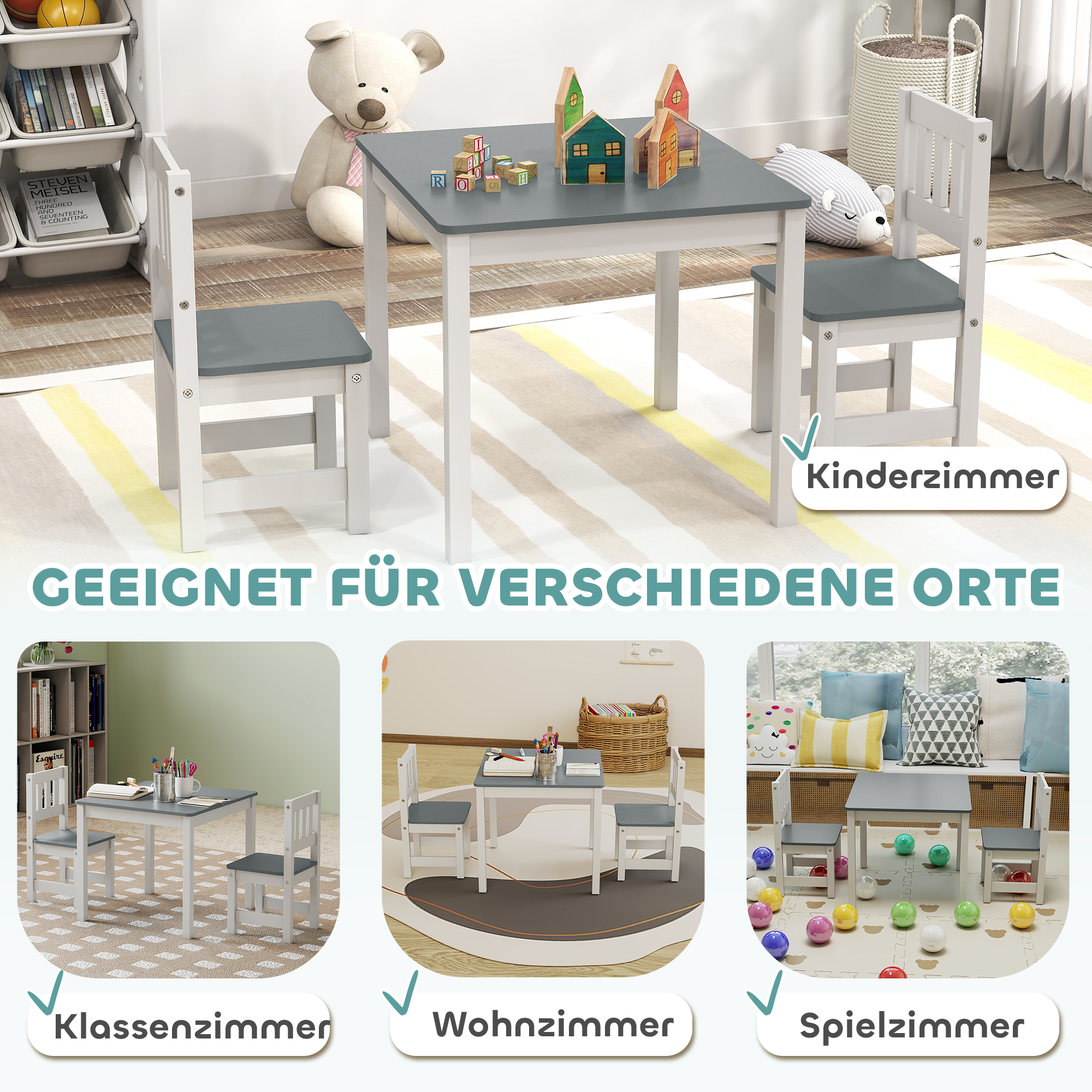 Laste laud 2 tooliga, 3-osaline komplekt, hall, 56 x 52 x 48 cm