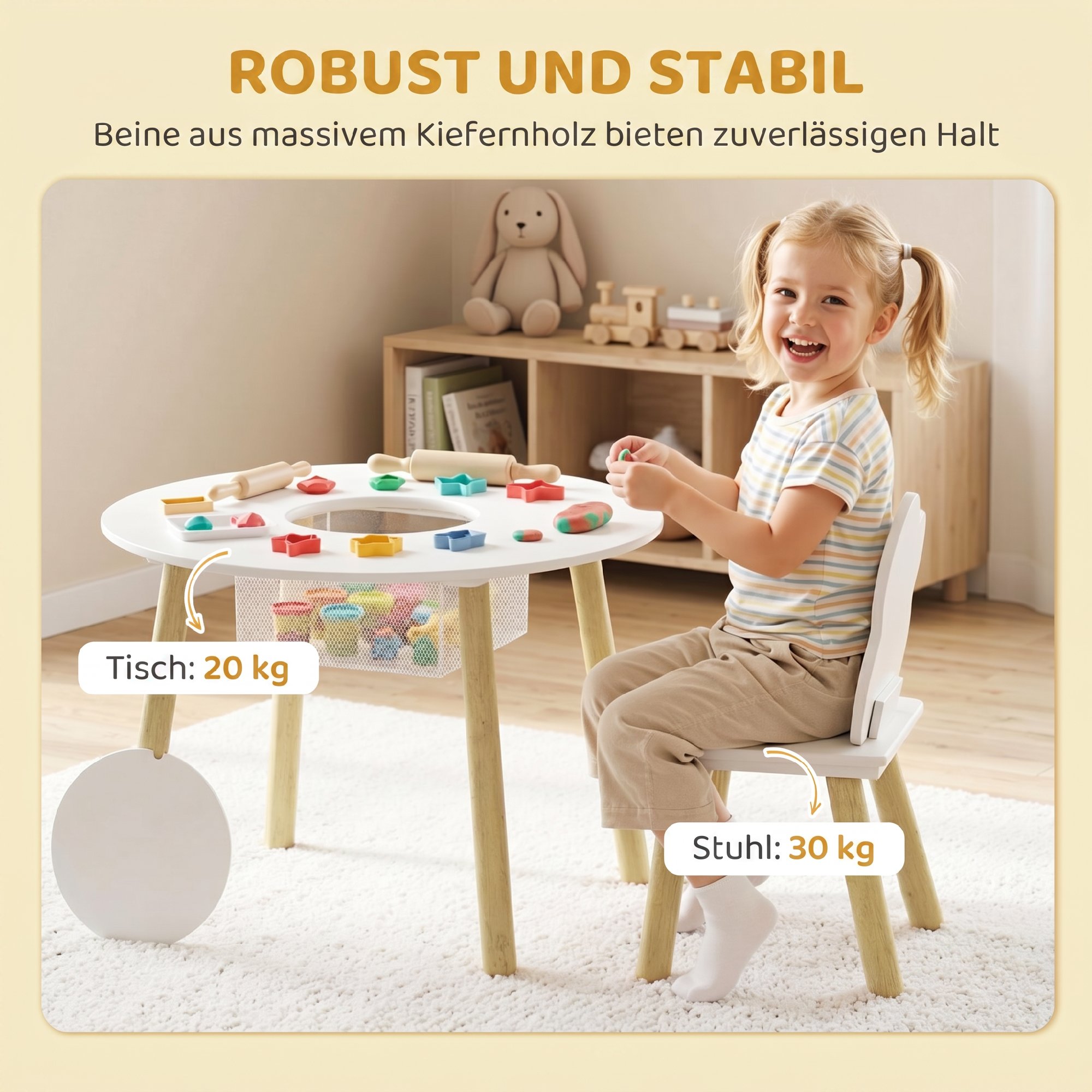 Laste laua ja toolide komplekt hoiustusega, 3-osaline, valge ja naturaalne