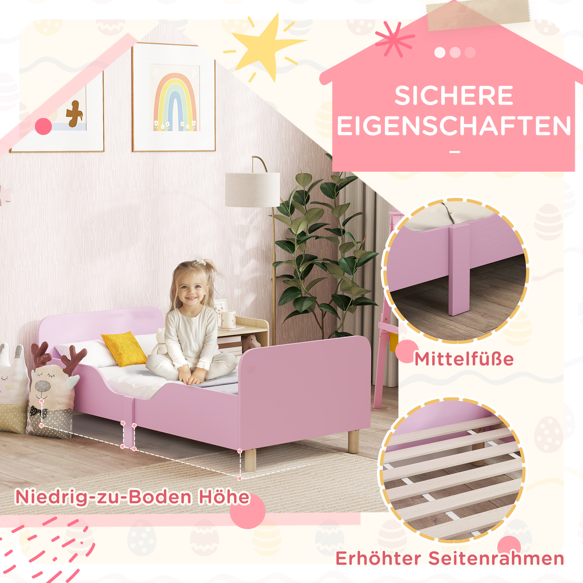 Laste voodiraam, roosa, MDF, 143,5 x 74,2 x 50 cm