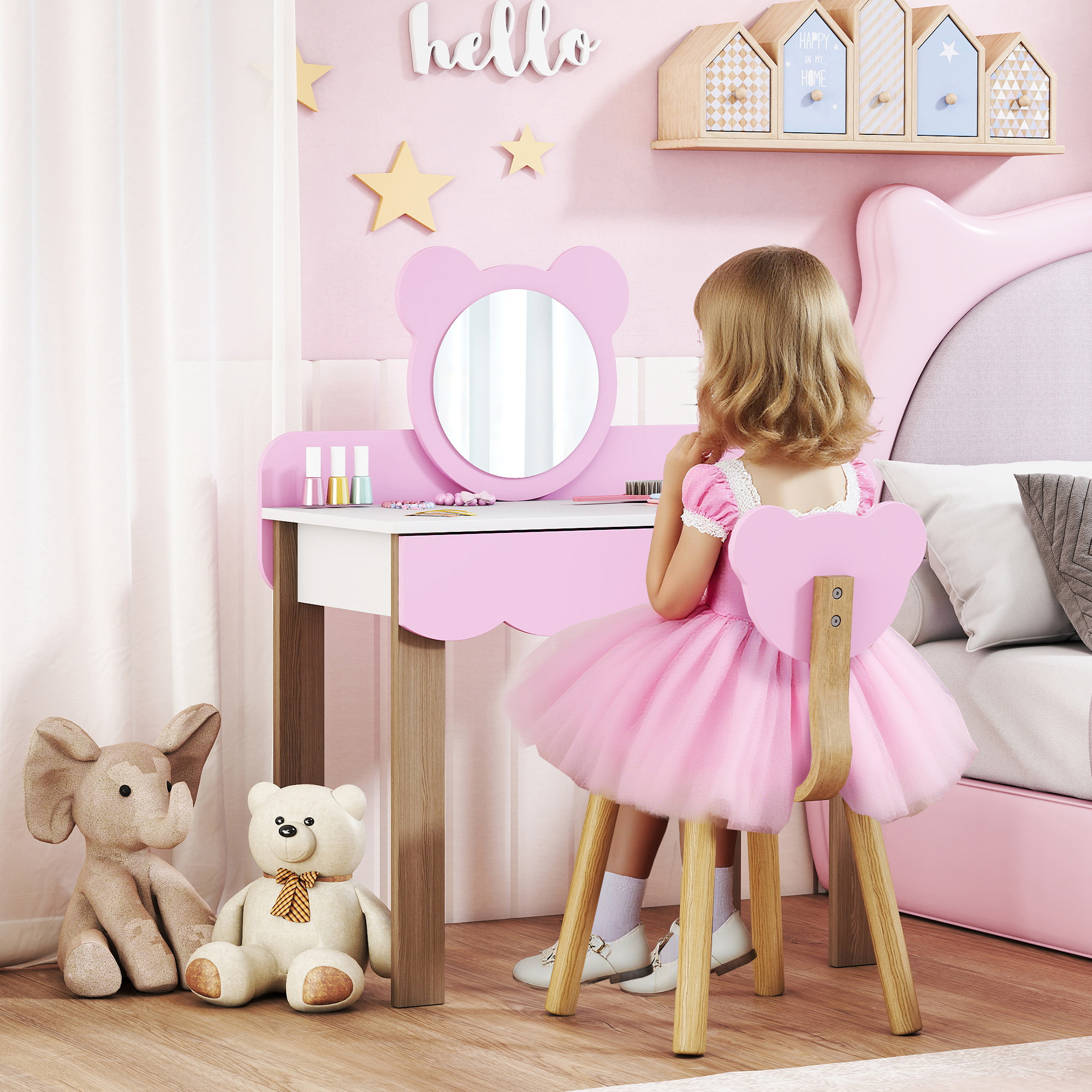 Laste meigilaua komplekt taburetiga, roosa, 2-osaline, 68 x 35 x 86 cm