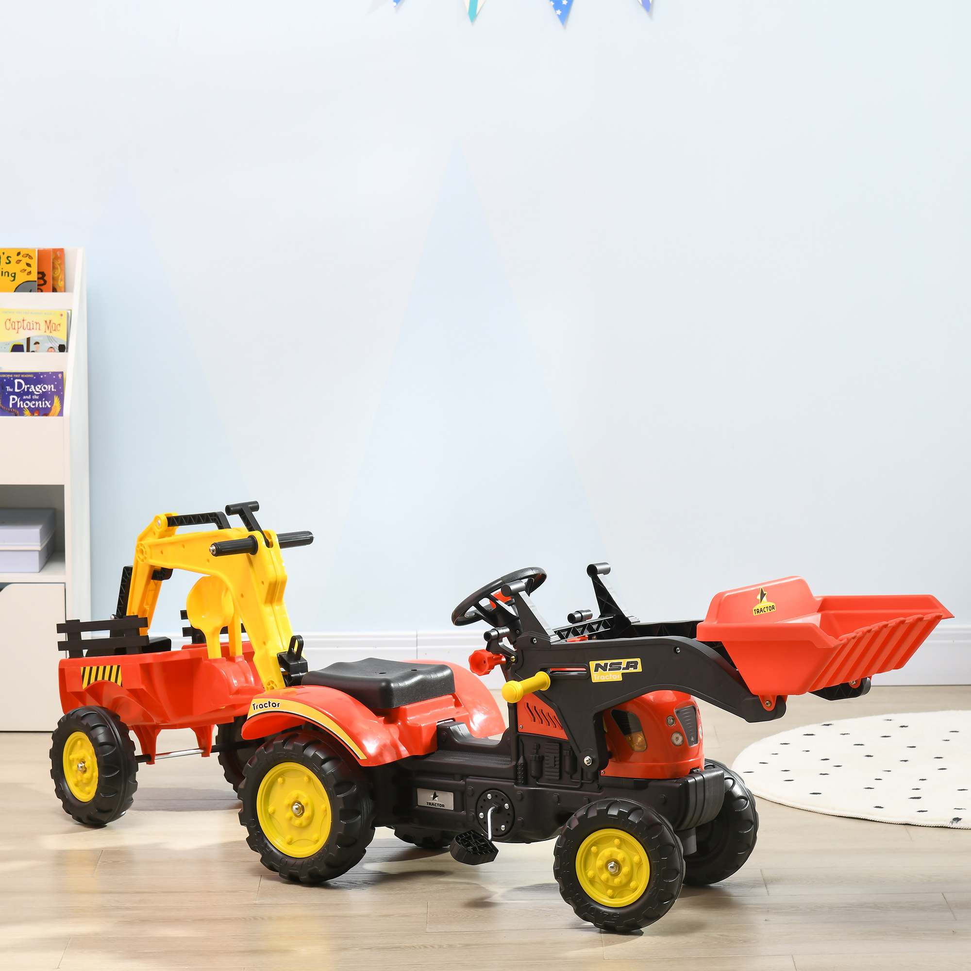 Pedaltraktor haagise ja esilaaduriga, punane, 179 x 42 x 59 cm, 3–6 a.