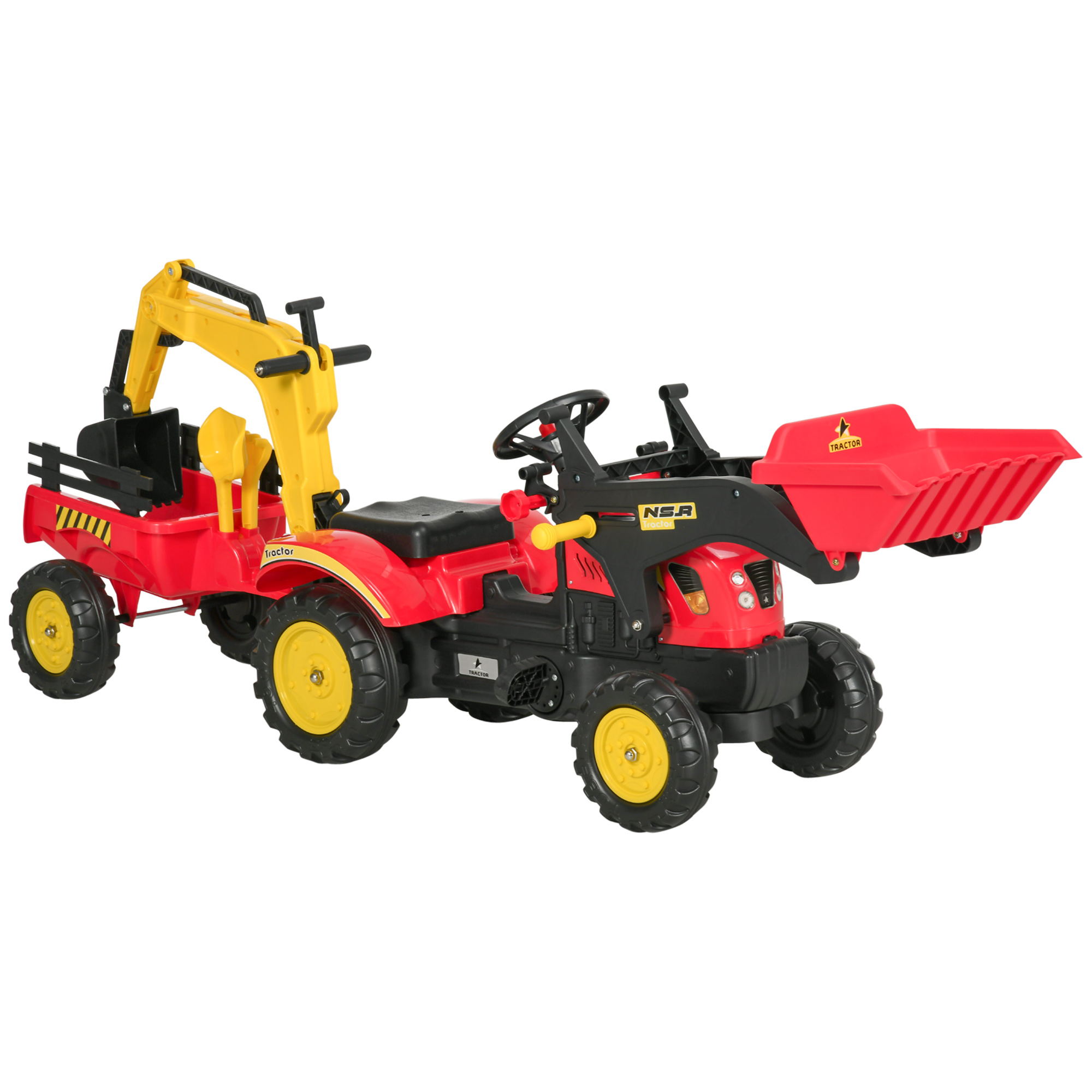 Pedaltraktor haagise ja esilaaduriga, punane, 179 x 42 x 59 cm, 3–6 a.