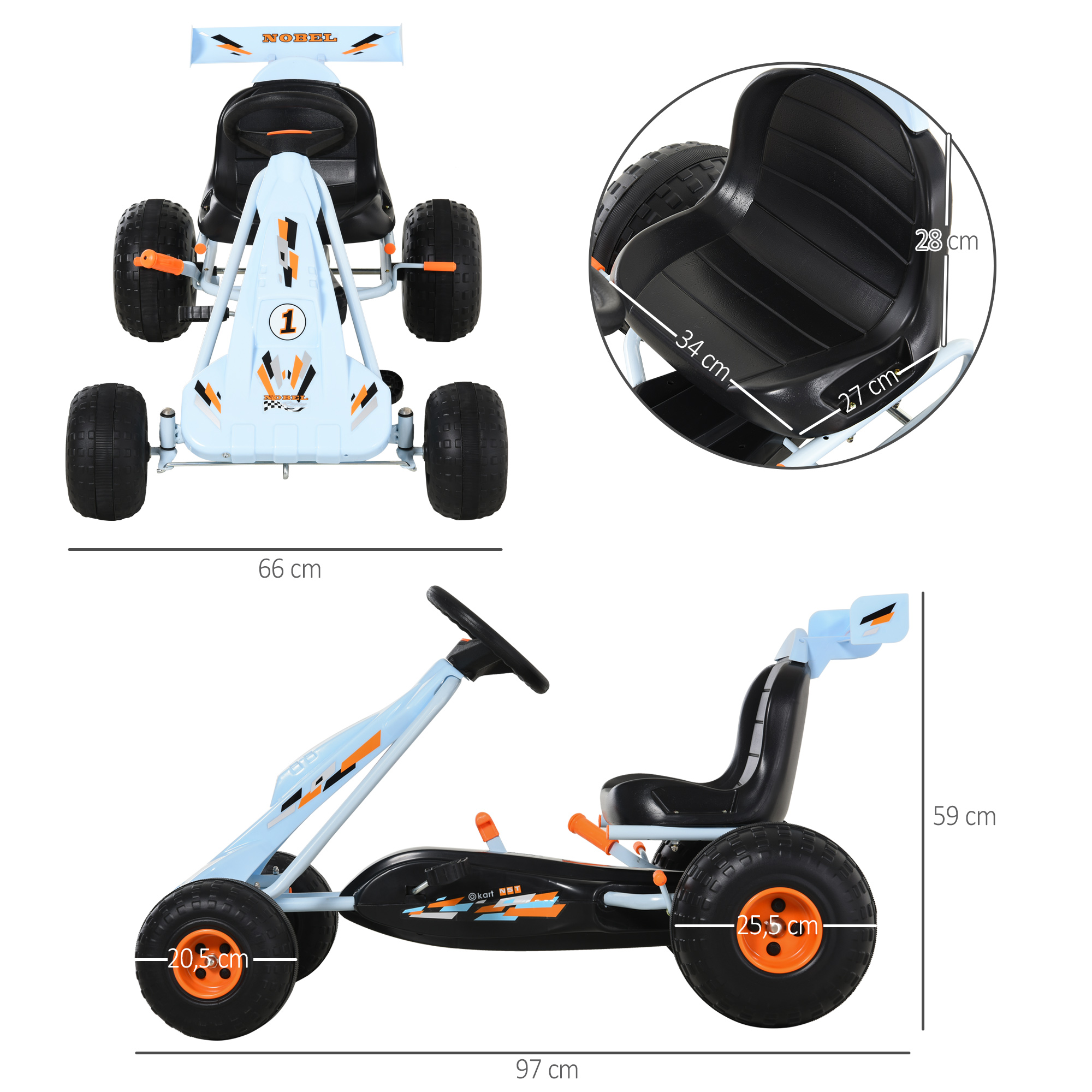 Pedalgokart käsipiduriga, reguleeritava istmega, hele sinine, 97 x 66 x 59 cm