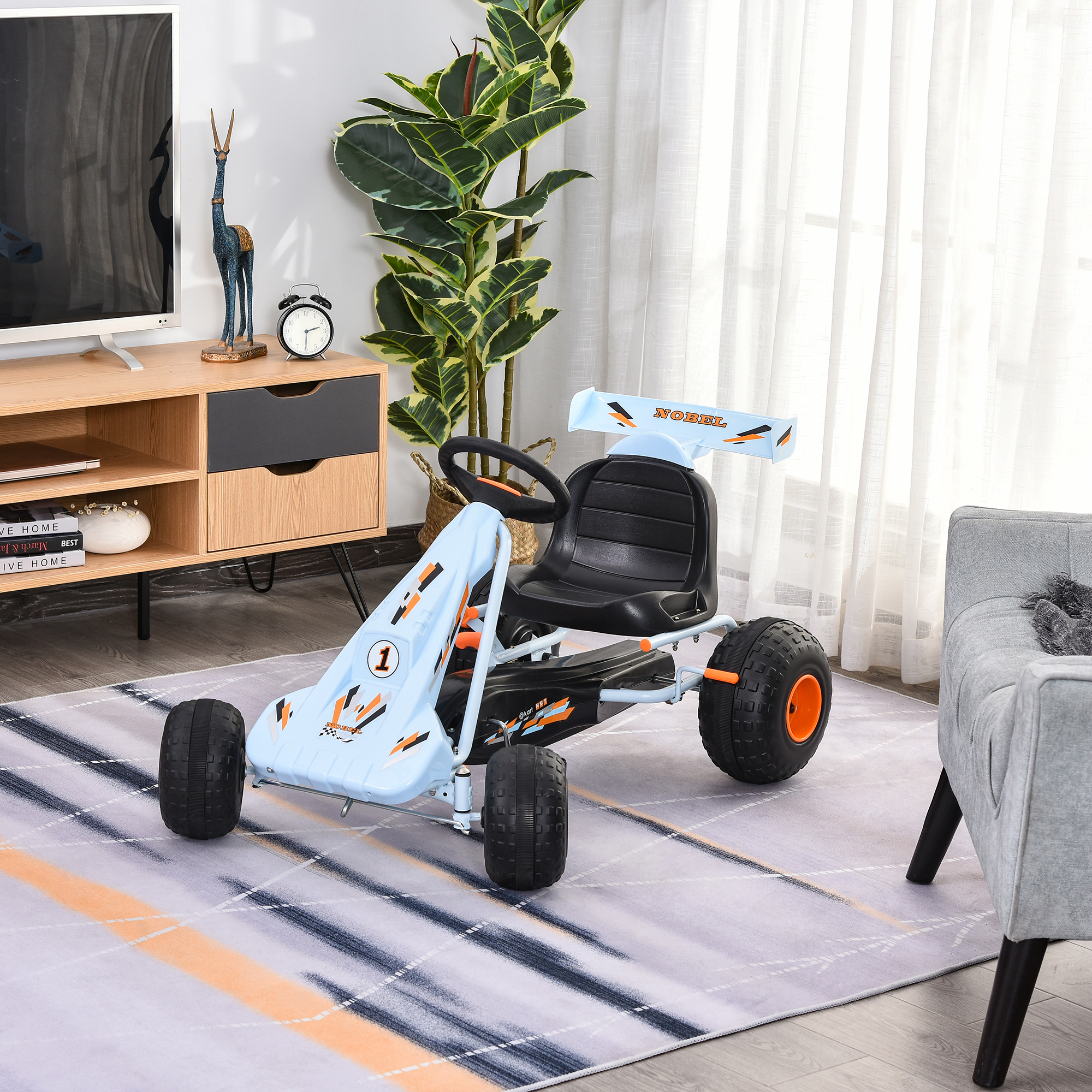 Pedalgokart käsipiduriga, reguleeritava istmega, hele sinine, 97 x 66 x 59 cm