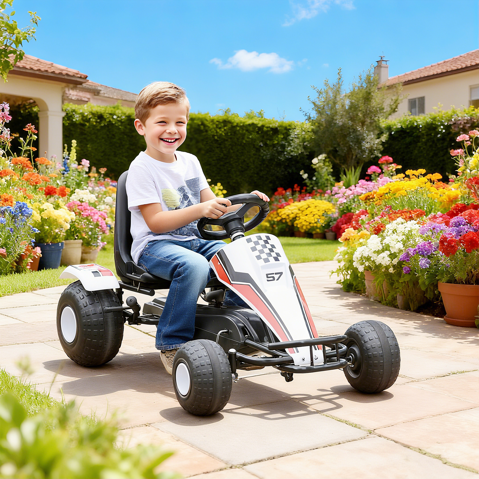 Pedalkart lastele, valge, kuni 35 kg, 104 x 66 x 57 cm