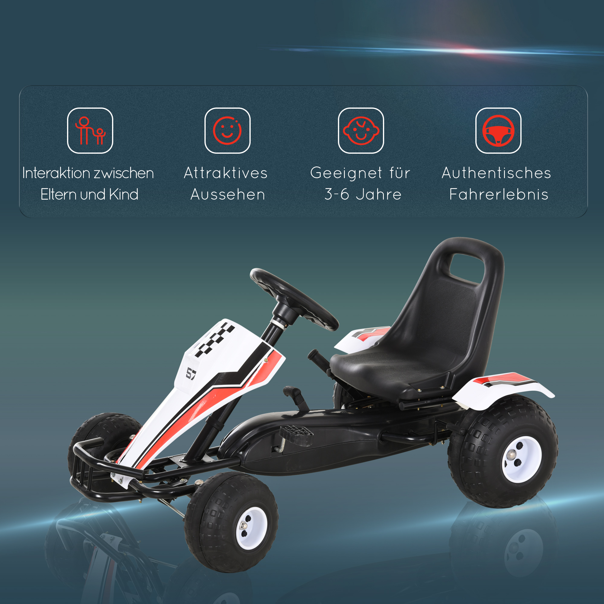 Pedalkart lastele, valge, kuni 35 kg, 104 x 66 x 57 cm