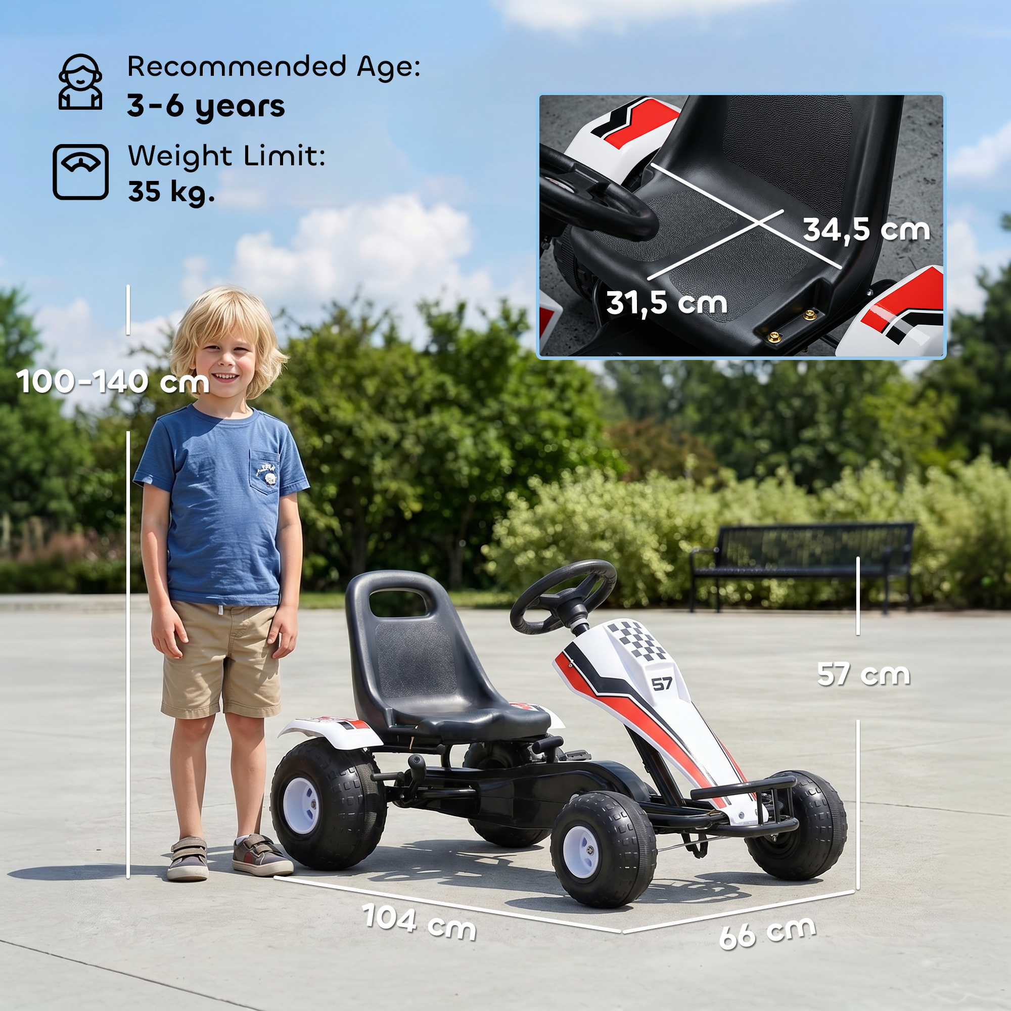 Pedalkart lastele, valge, kuni 35 kg, 104 x 66 x 57 cm
