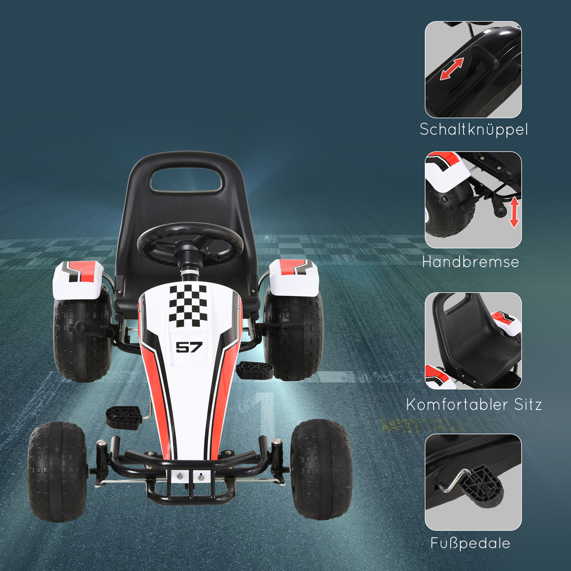 Pedalkart lastele, valge, kuni 35 kg, 104 x 66 x 57 cm