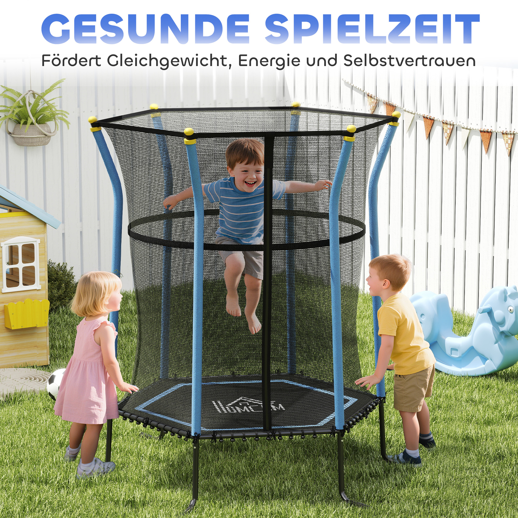 Laste trampoliin turvavõrguga, 122 x 111 x 190 cm, must ja sinine, kuni 50 kg