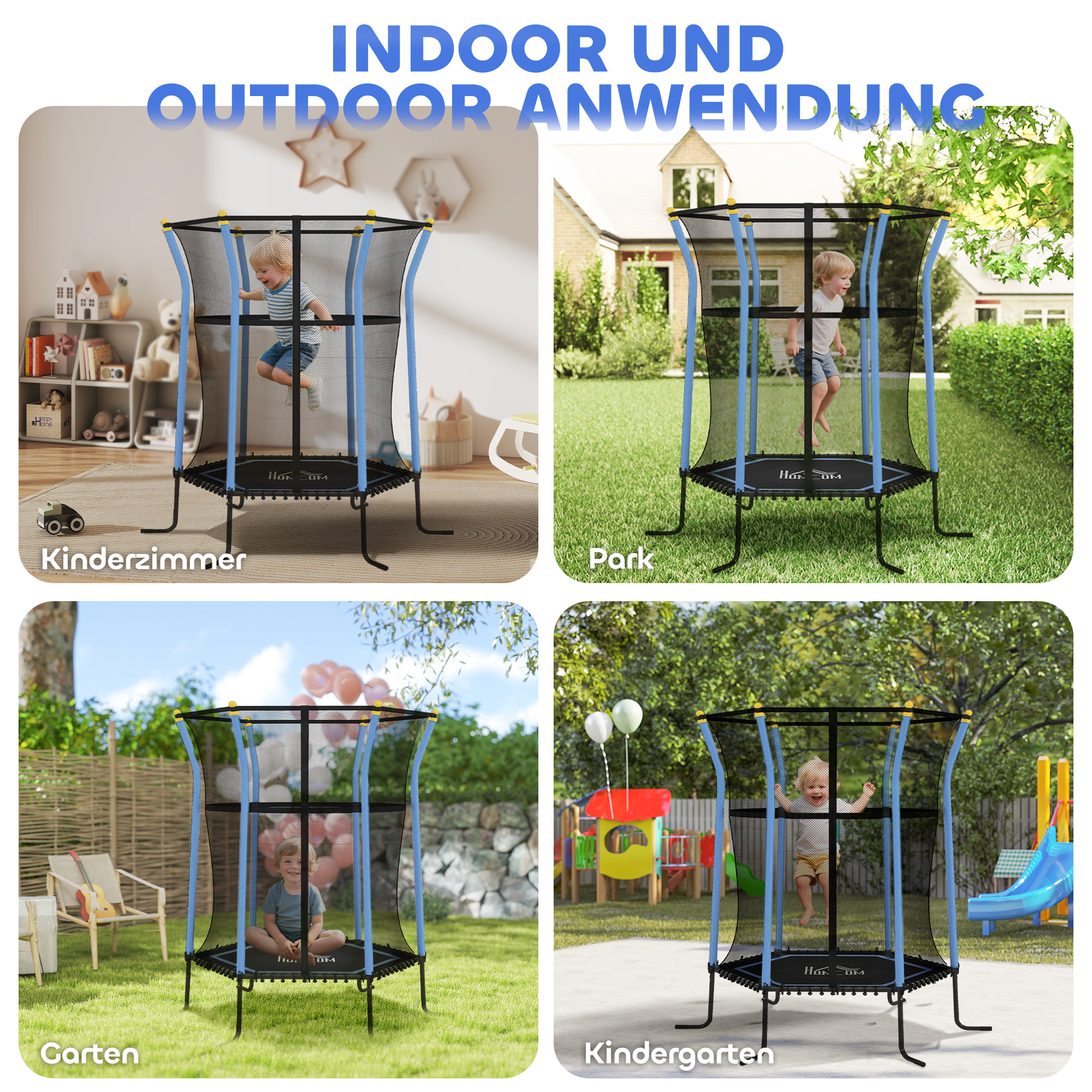 Laste trampoliin turvavõrguga, 122 x 111 x 190 cm, must ja sinine, kuni 50 kg