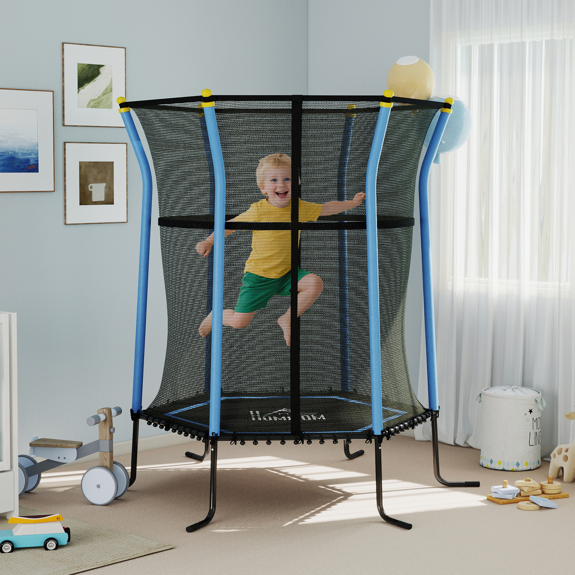 Laste trampoliin turvavõrguga, 122 x 111 x 190 cm, must ja sinine, kuni 50 kg