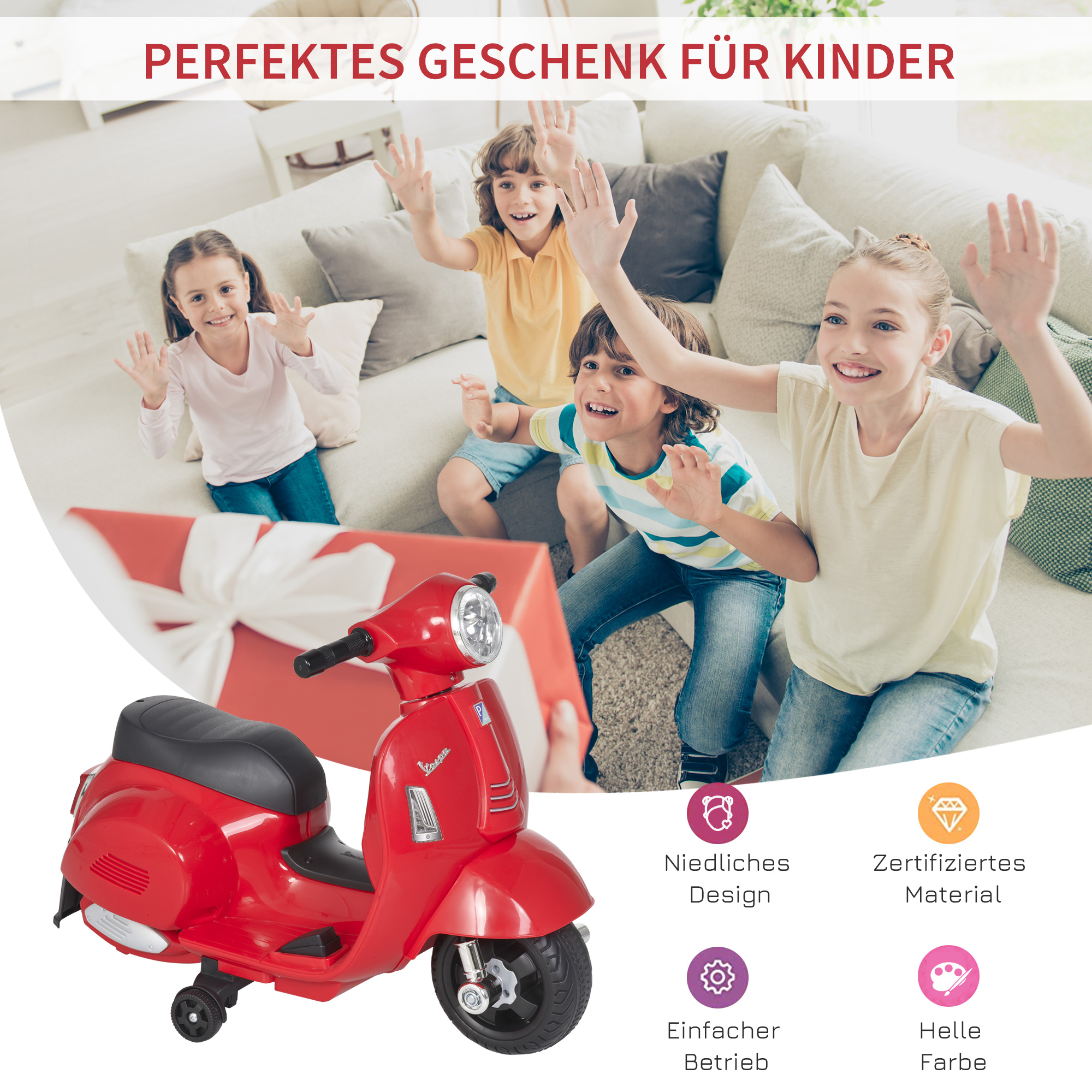 Litsentseeritud laste elektriline mootorratas VESPA, punane, 66,5 x 38 x 52 cm