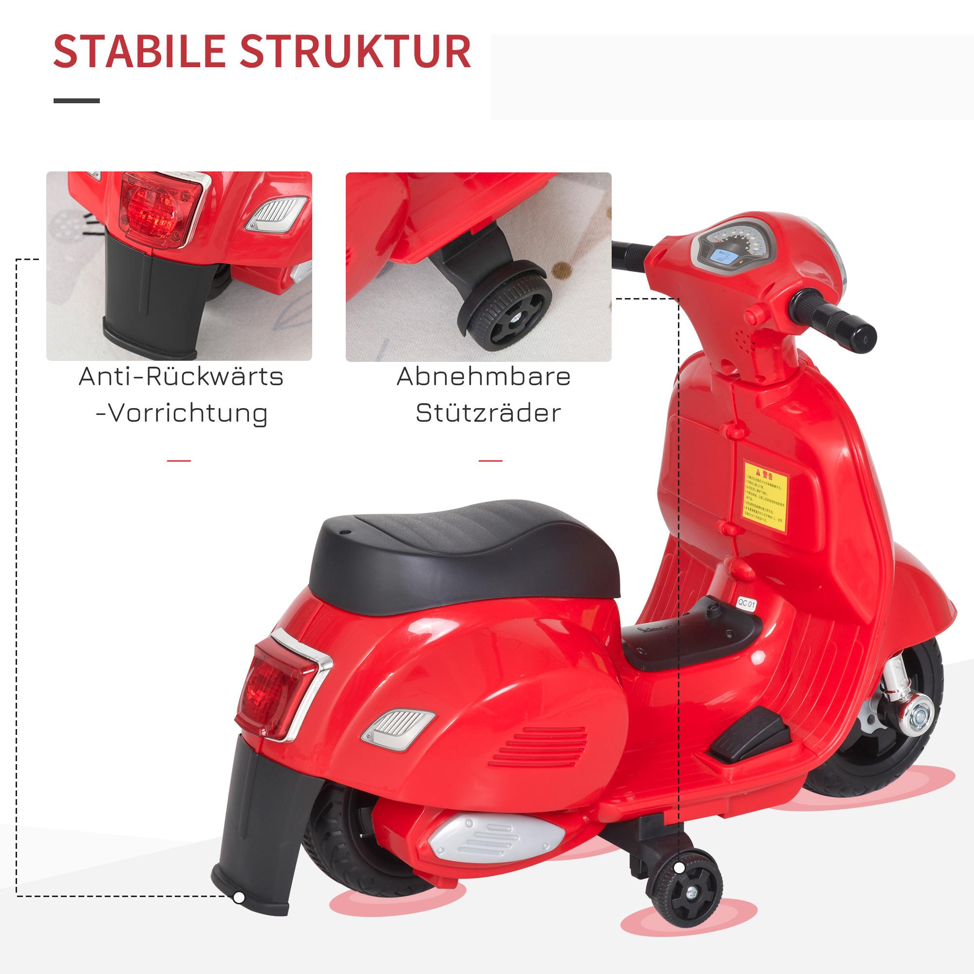 Litsentseeritud laste elektriline mootorratas VESPA, punane, 66,5 x 38 x 52 cm