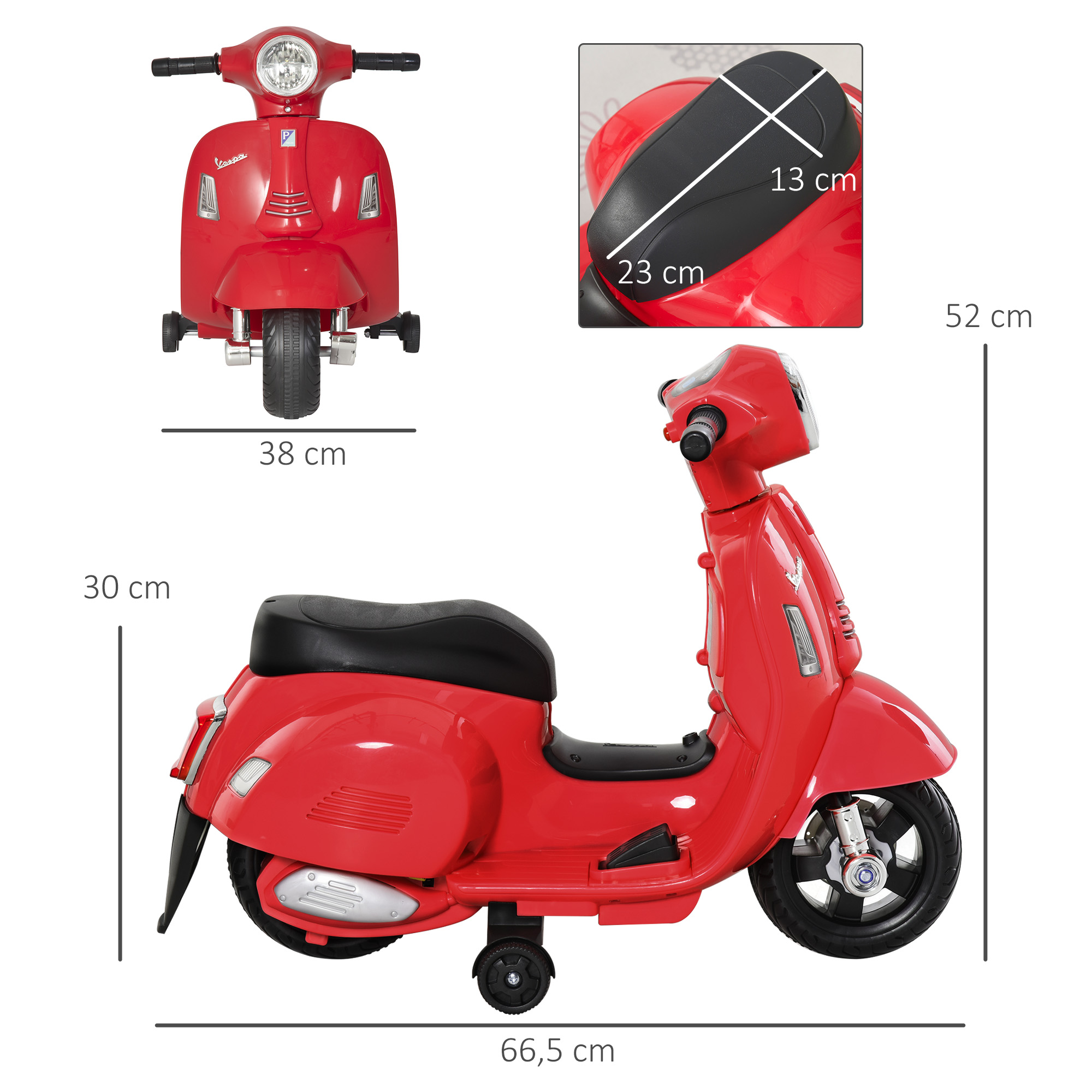 Litsentseeritud laste elektriline mootorratas VESPA, punane, 66,5 x 38 x 52 cm