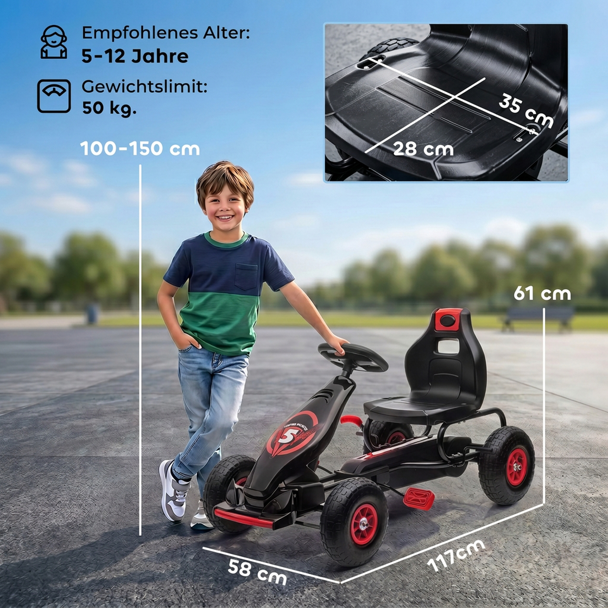 Laste pedaalidega gokart, punane + must, 121 x 58 x 61 cm