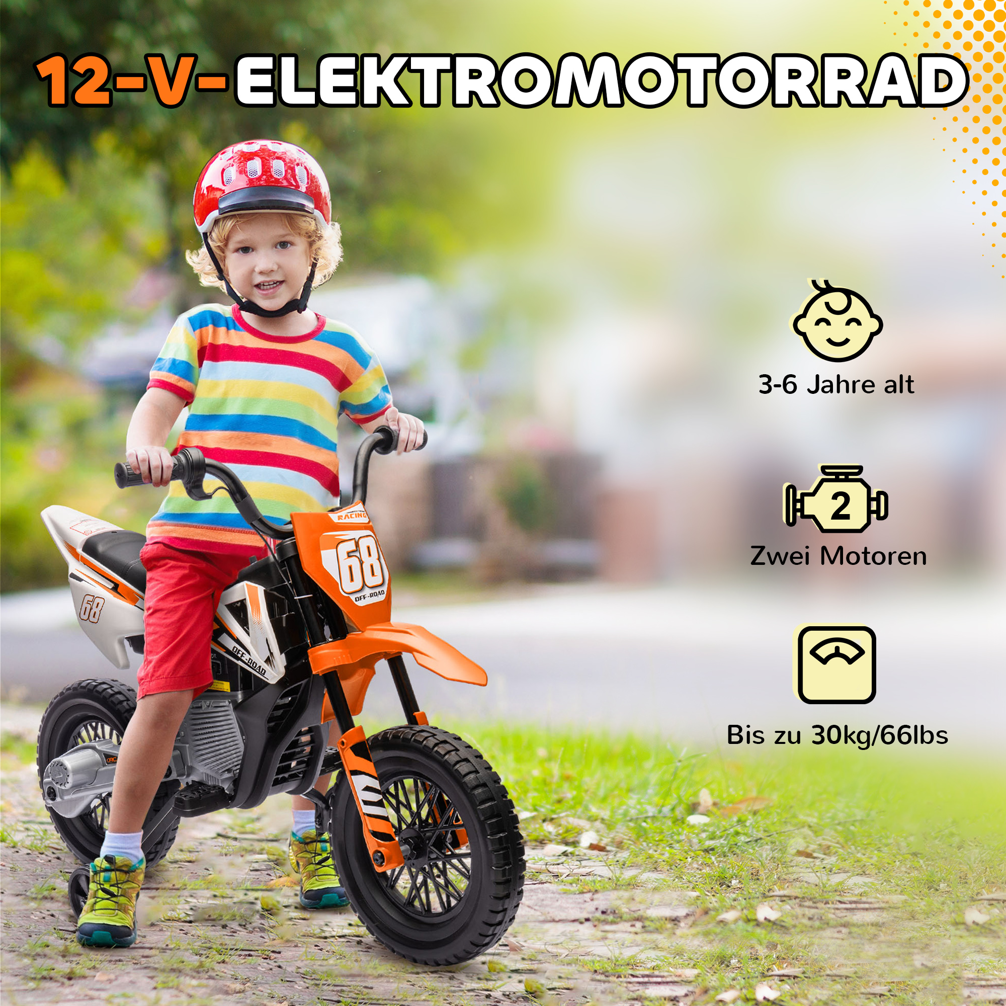 Elektriline laste mootorratas, 12V, muusikaga, oranž, 109,5 x 60 x 72,5 cm