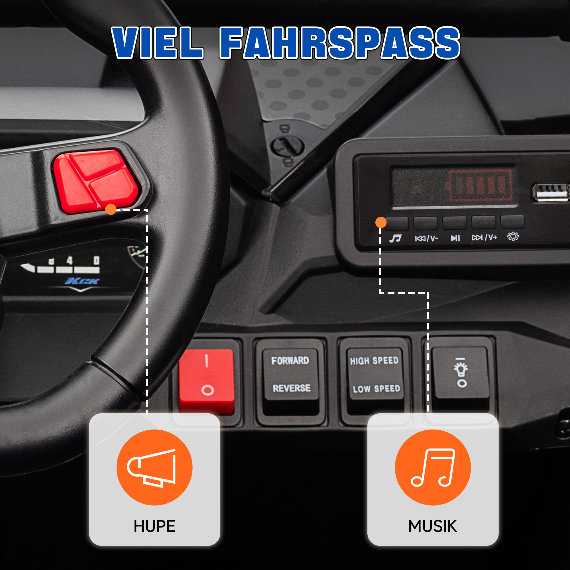 Laste elektriline UTV, 5–7 km/h, 2-kohaline, kaugjuhtimispult, muusika, tuled, sinine