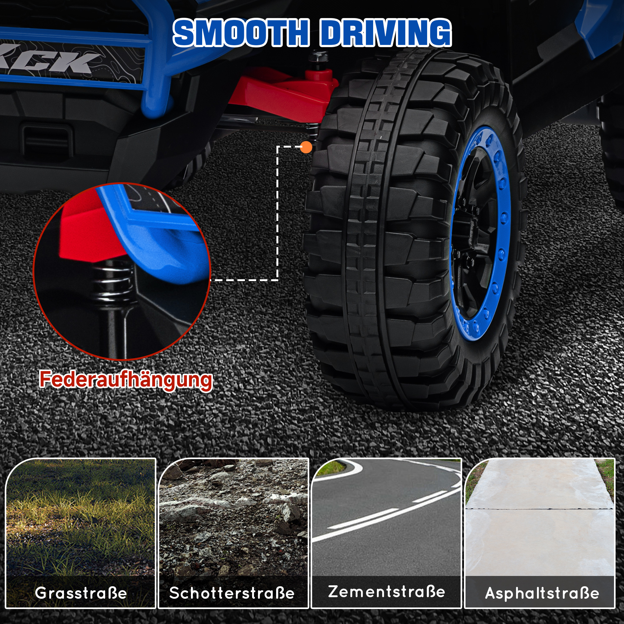 Laste elektriline UTV, 5–7 km/h, 2-kohaline, kaugjuhtimispult, muusika, tuled, sinine