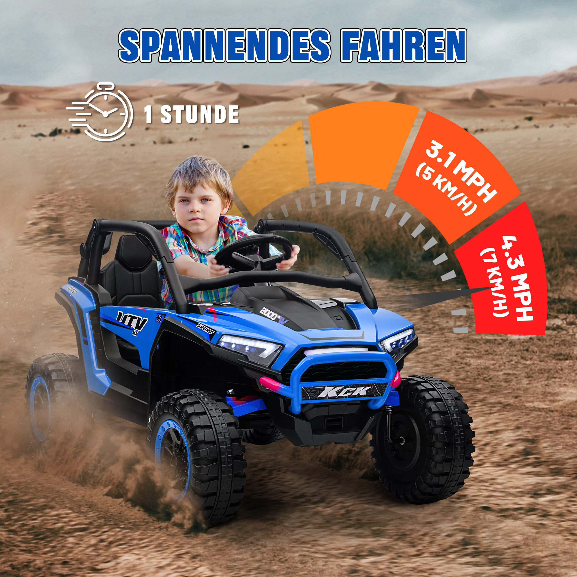 Laste elektriline UTV, 5–7 km/h, 2-kohaline, kaugjuhtimispult, muusika, tuled, sinine