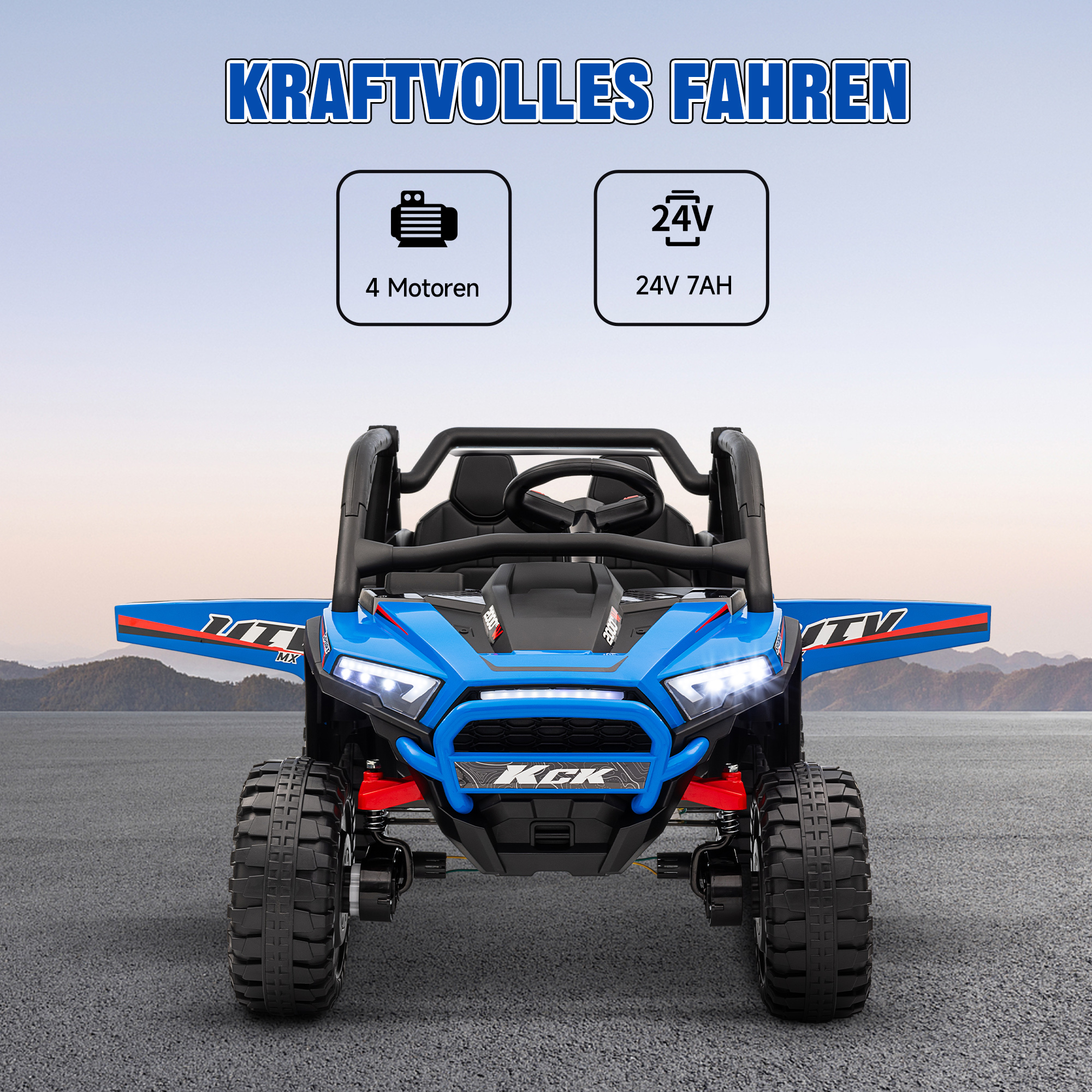 Laste elektriline UTV, 5–7 km/h, 2-kohaline, kaugjuhtimispult, muusika, tuled, sinine